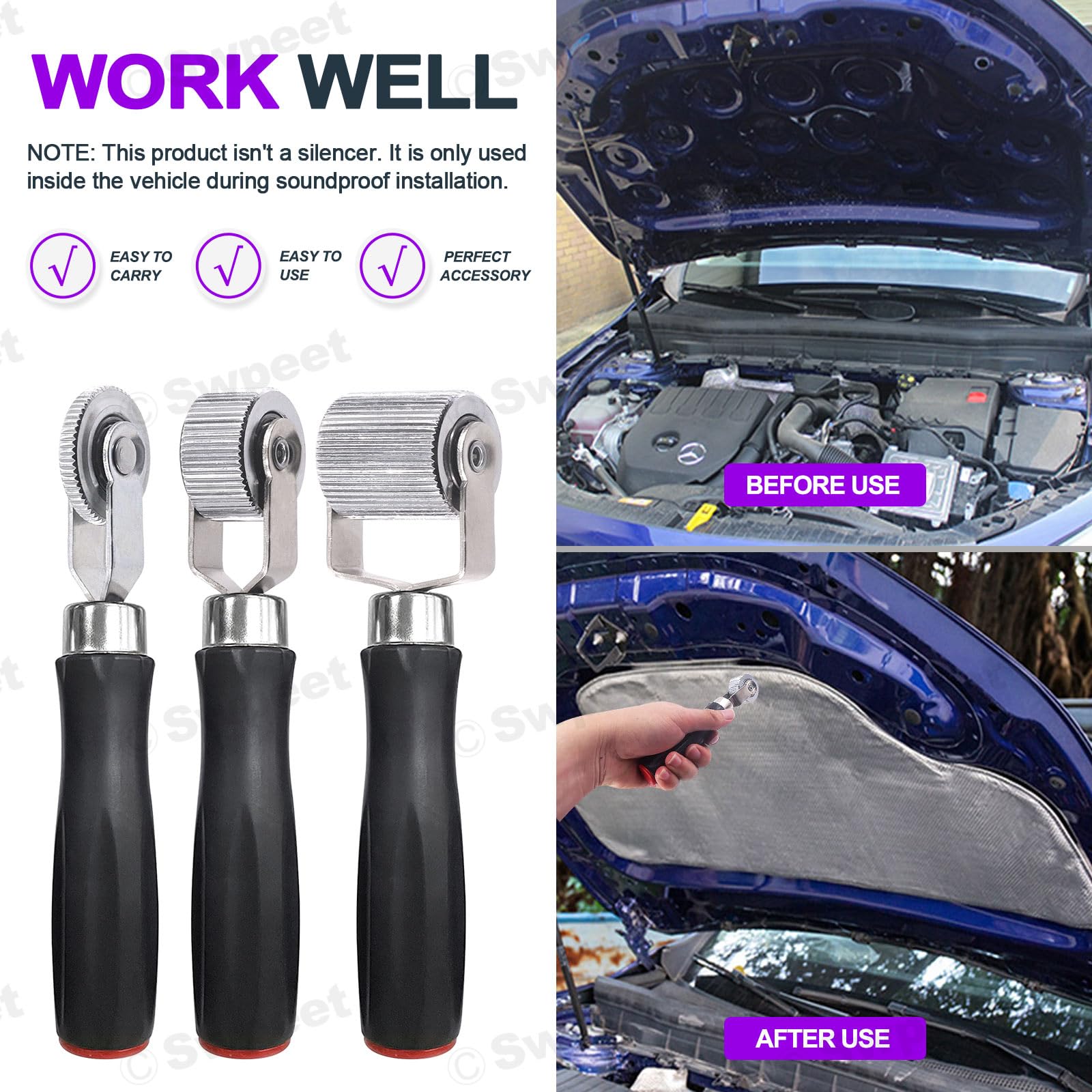 Swpeet Set di 4 rulli di deadening per auto, 6 mm, 20 mm, 40 mm, in metallo, per auto, per deadener