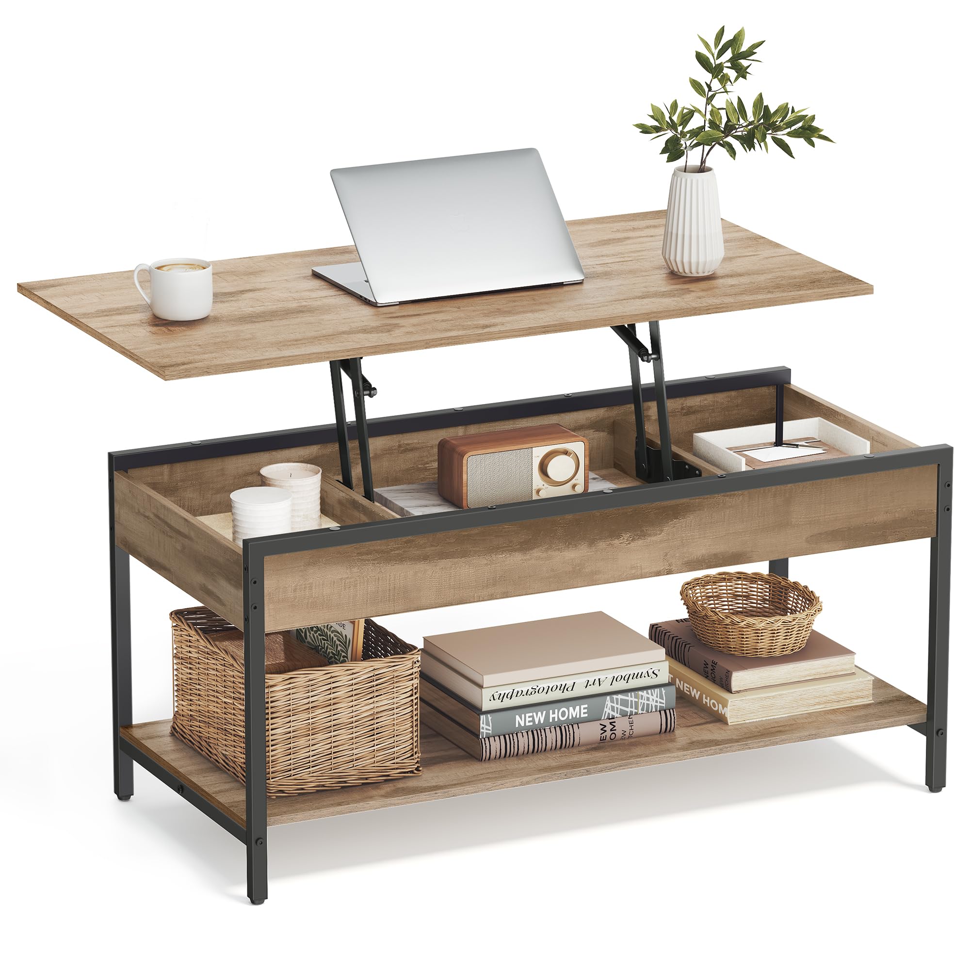 VASAGLE Couchtisch, höhenverstellbarer Wohnzimmertisch, Kaffeetisch, mit offenem Fach und versteckten Fächern, 50 x 100 cm, Kamelbraun-tintenschwarz LCT261LB02