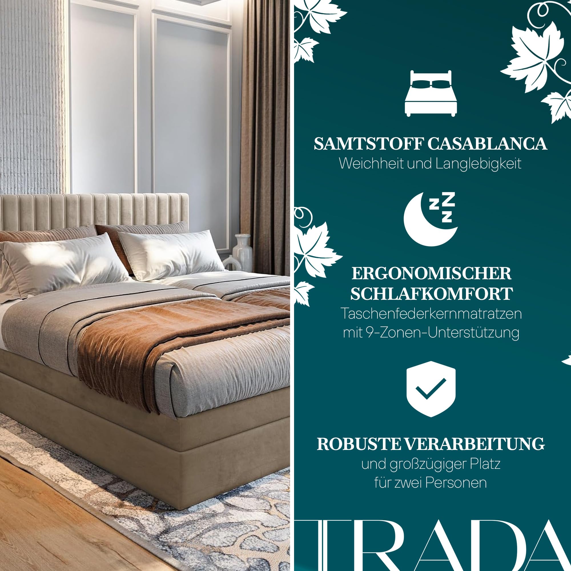 TRADA Boxspringbett ADÈLE 180x200 cm, elektrisch Bett mit Matratze + Tooper | Stoffbezug Veloursstoff, Bettkasten mit Gasautomaten, Beige