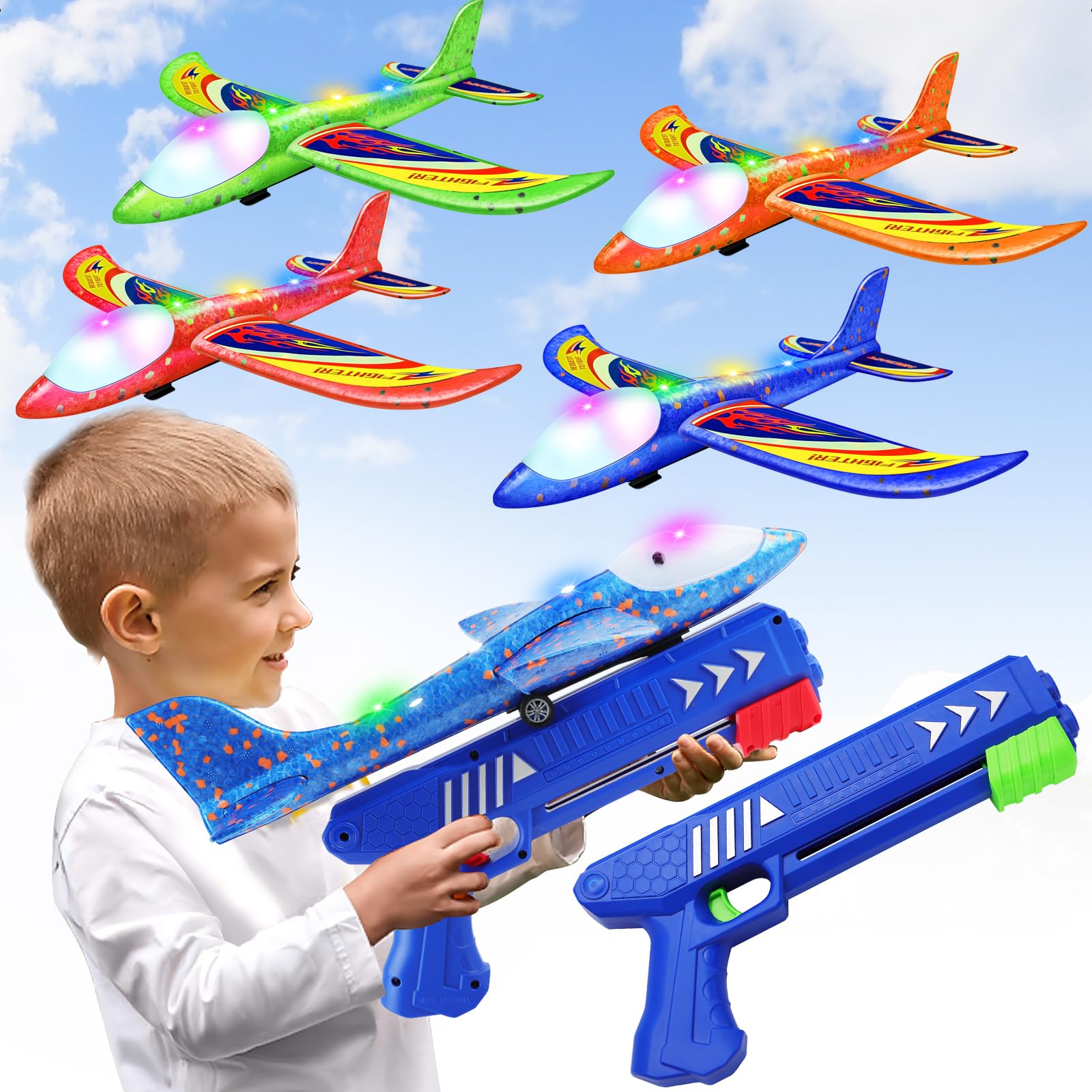 4 Pack Airplane Launcher Toys, 2 Flight Modes LED Foam Glider Catapult Plane Toy for Boys, Outdoor Flying Toys Birthday Gifts for Boys Girls 4 5 6 7 8 9 10 11 12 Year Old