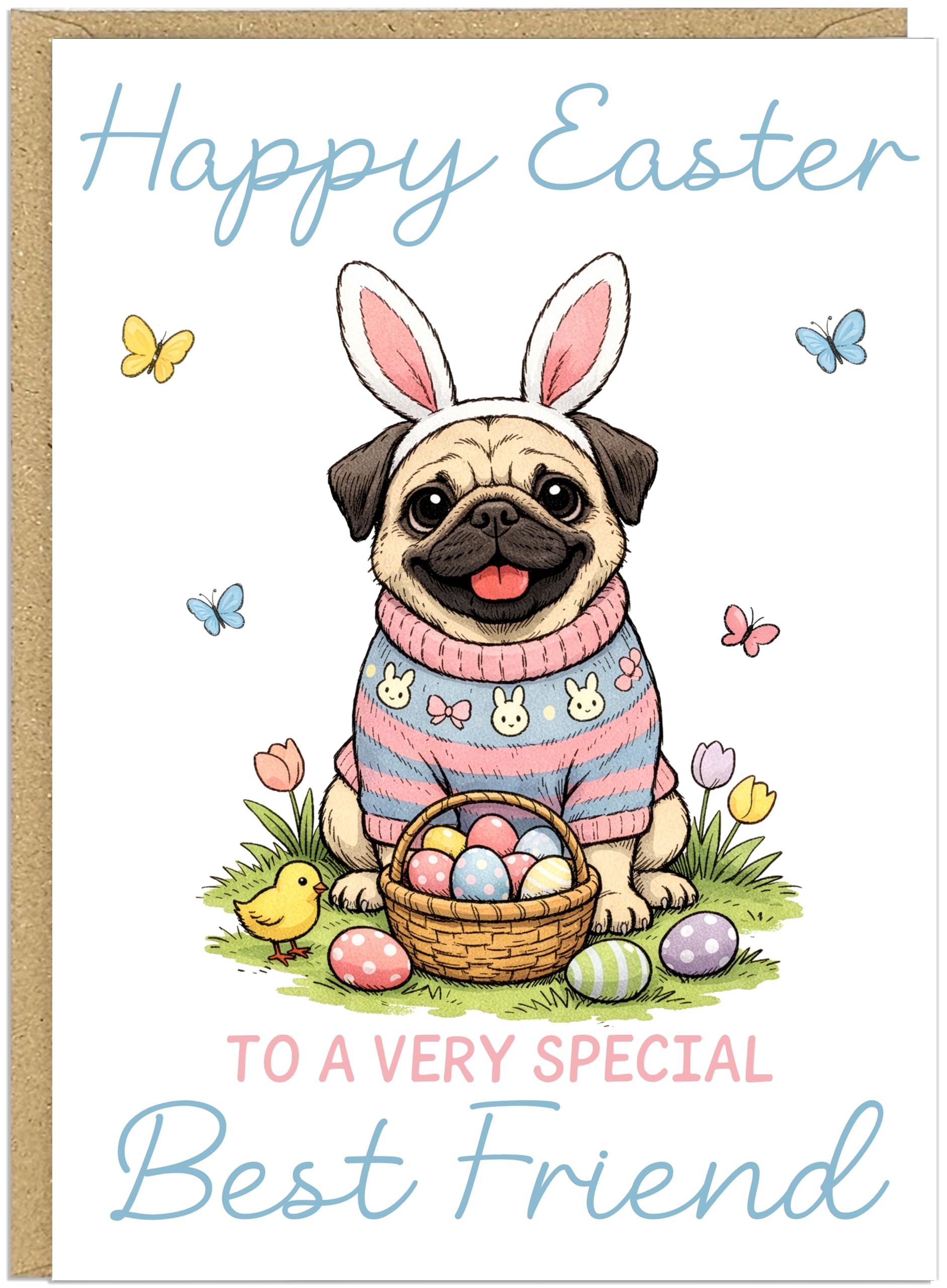 Personalised Fun Dog Breed Happy Easter Cards - Add Own Custom Name on Banner 20 Designs Family Easter Dogs Doggy Lover Gift A5 Greeting Celebration Card (Pug)
