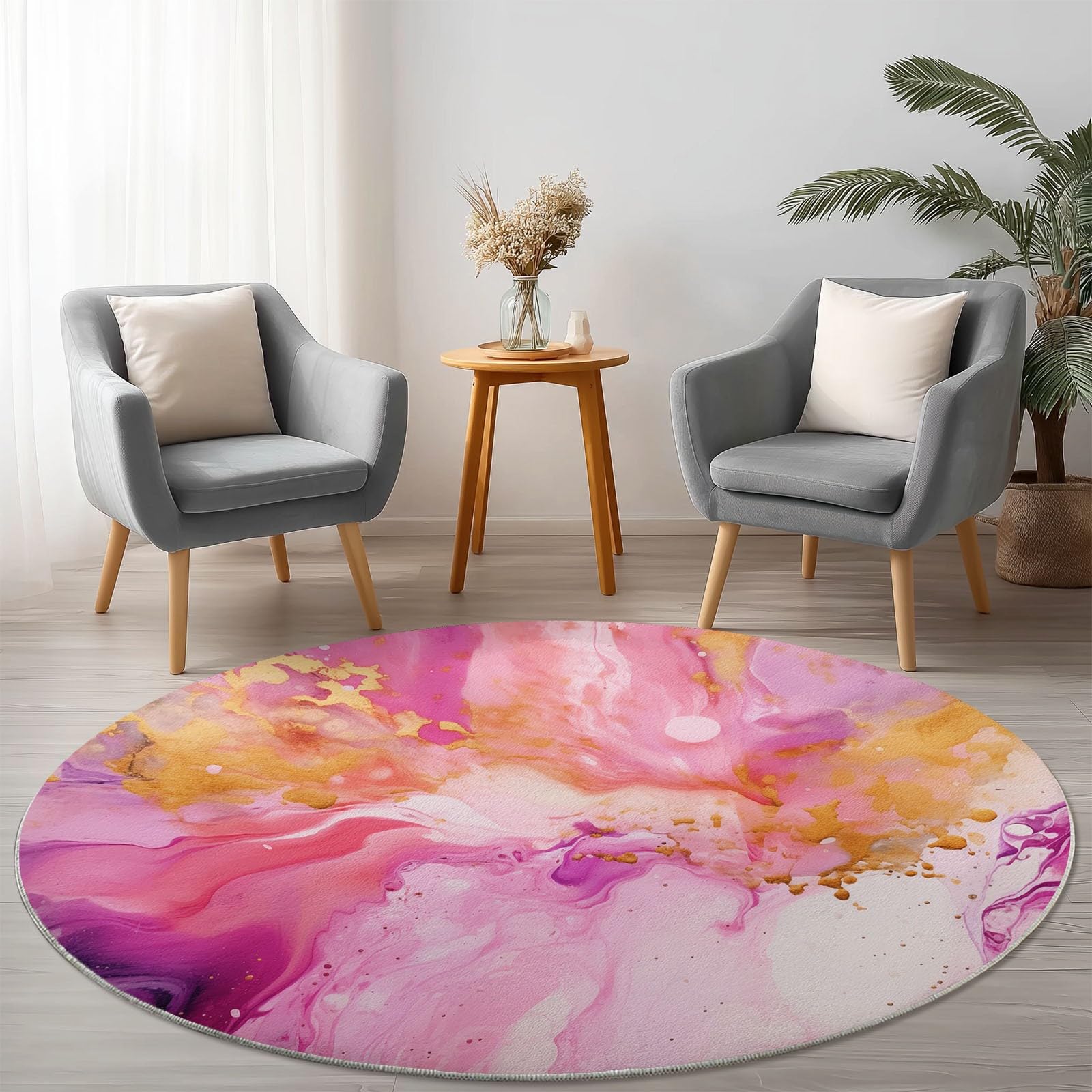 Washable Round Rugs Abstract Living Room Non Slip, 80 cm Round Area Rug Short Pile Bedroom Circle Carpet Soft Faux Wool Rugs for Kids Room Dining Room Decor, Pink Fluid Marble