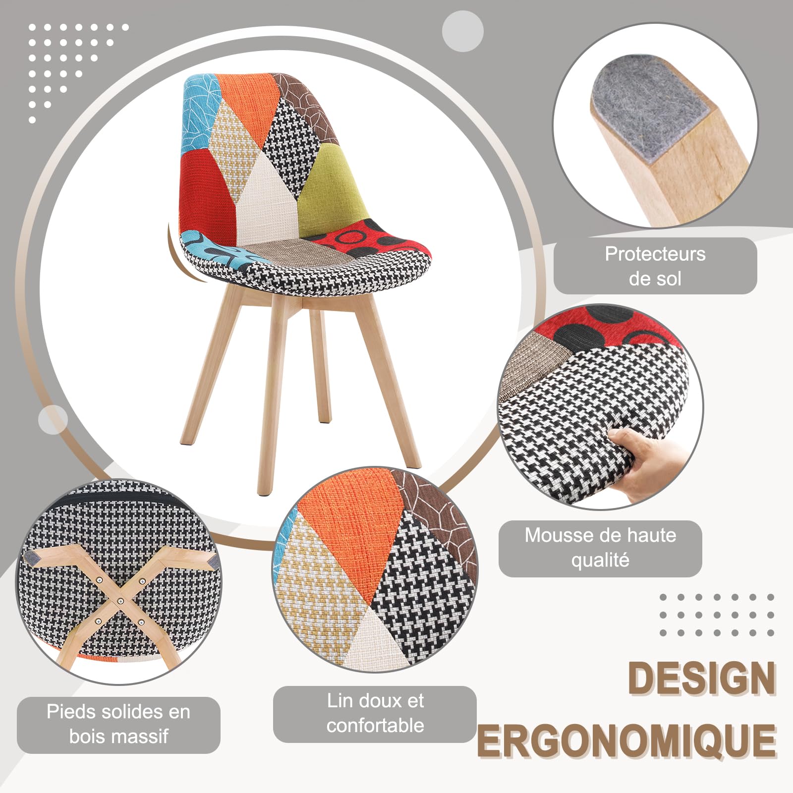 WOLTU 4 X Chaises Salle à Manger, Chaise Patchwork, en Lin + Bois Multicolore BH29mf-4