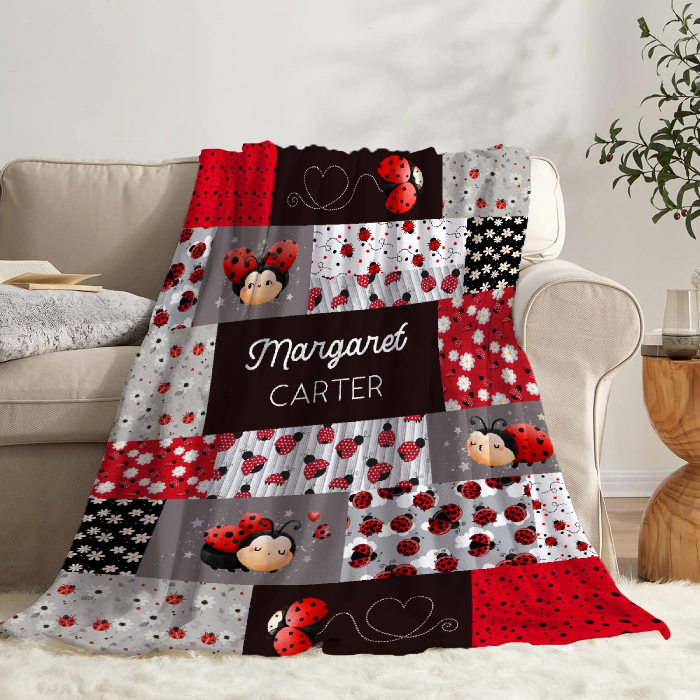 Custom Lady-Bug Plaid Blanket Gifts for Girls Boys, Super Soft Personalized Lady-Bug Plaid Blanket Decor Stuff, Lightweight Microfiber Cozy Plush Throw for Couch BedS 50"x40" for Kids