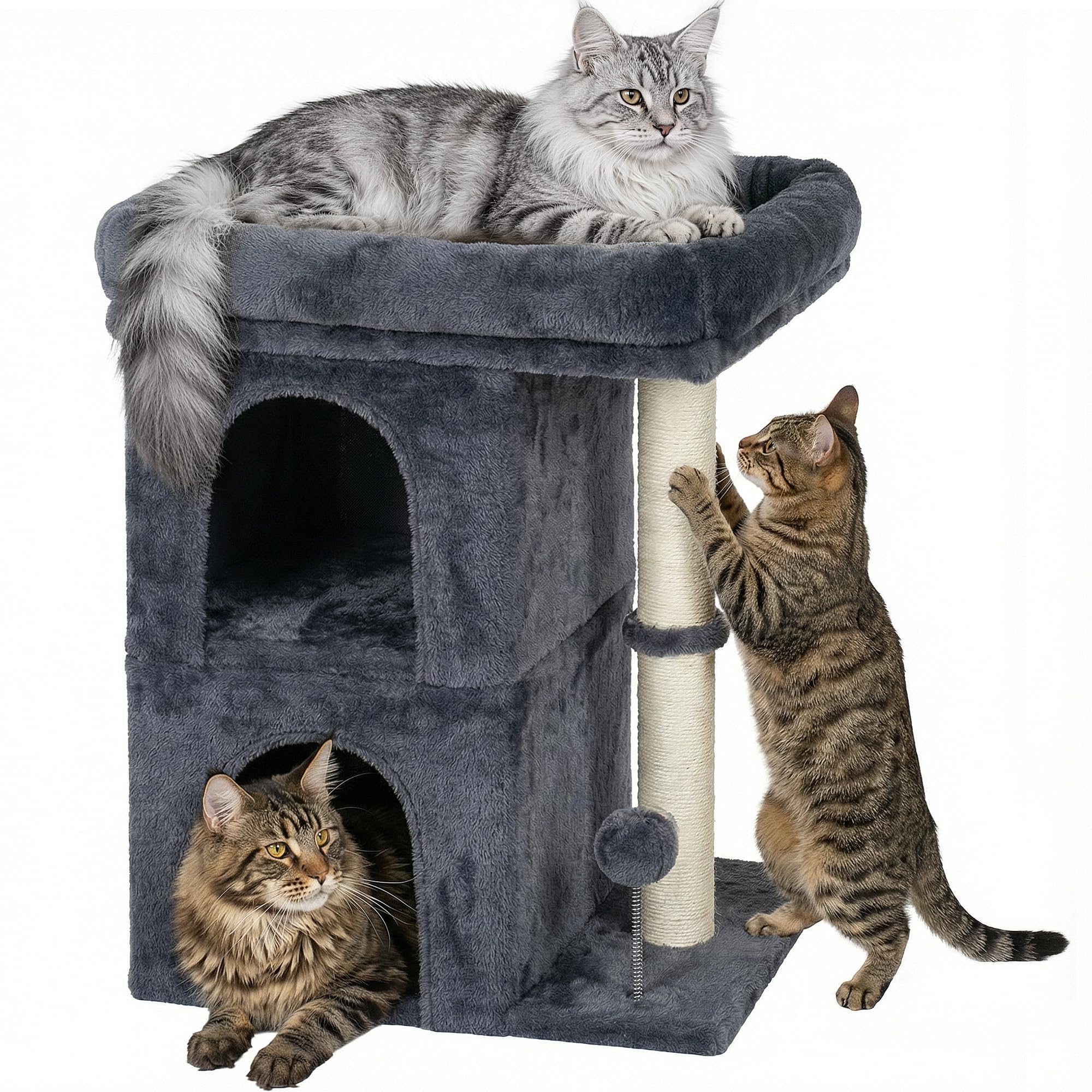 Aechonow Árbol para Gato Adulto Grande, Plataforma Grande, 61cm Escalador Torre, Sisal Poste de Rasguño, 2 Perreras de Interior de la Casa para Gatito Pequeño y Mediano, Gris Oscuro