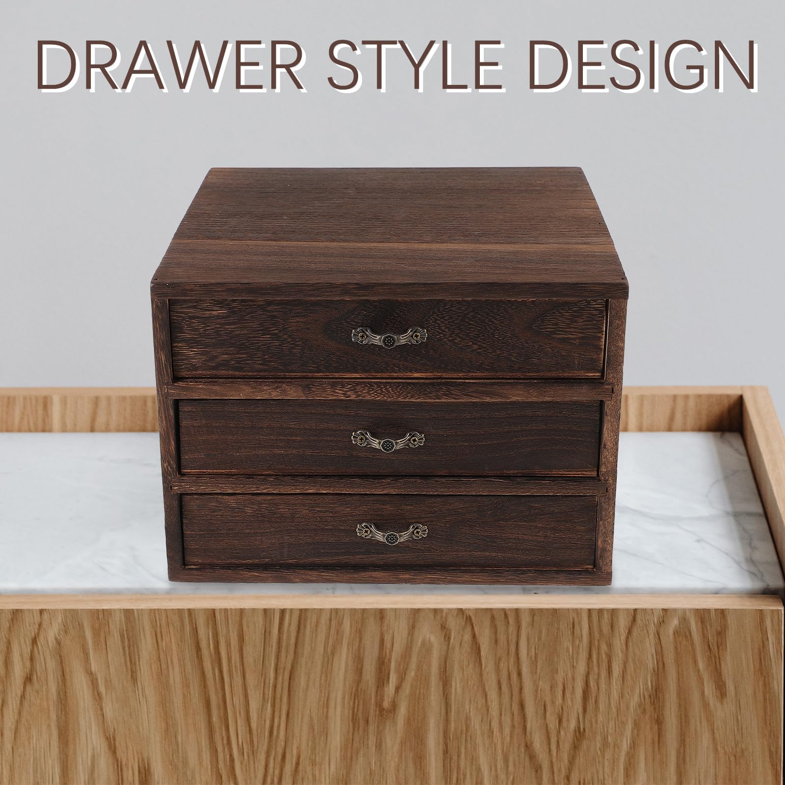 jojofuny Schreibtisch Organizer Holz mit Schublade 3 Stöckige Aufbewahrungsbox 23X23X17cm Vintage Kommode für Büro und Wohnzimmer Praktische Lösung für Schmuck und Geschenkaufbewahrung