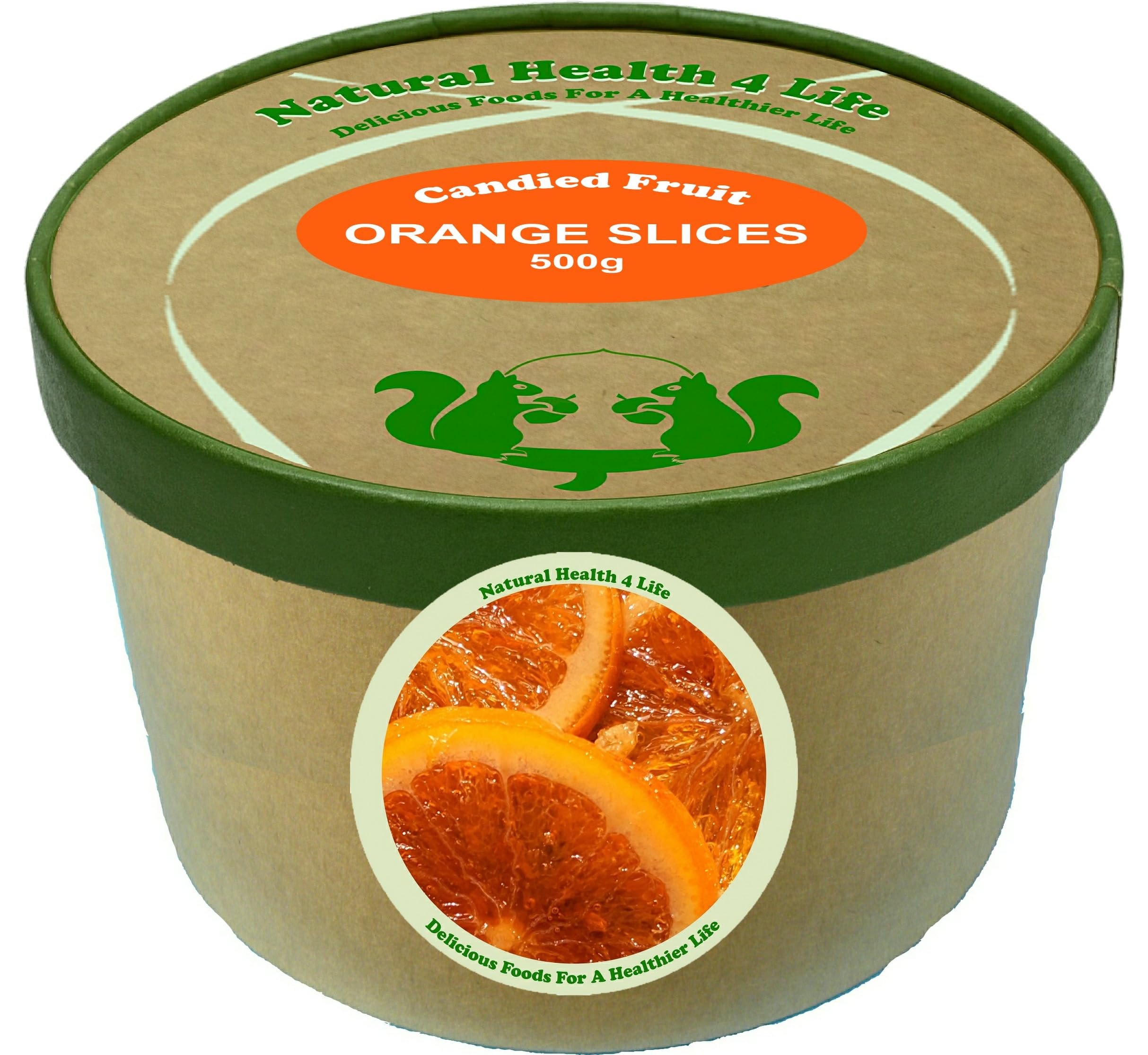 Natural Health 4 Life Glace Candied Orange Slices 500g – Vegan & No Artificial Colours – Ideal for Cake Making, Decorating, Chocolate Dipping & Snacking, Kraft Tub