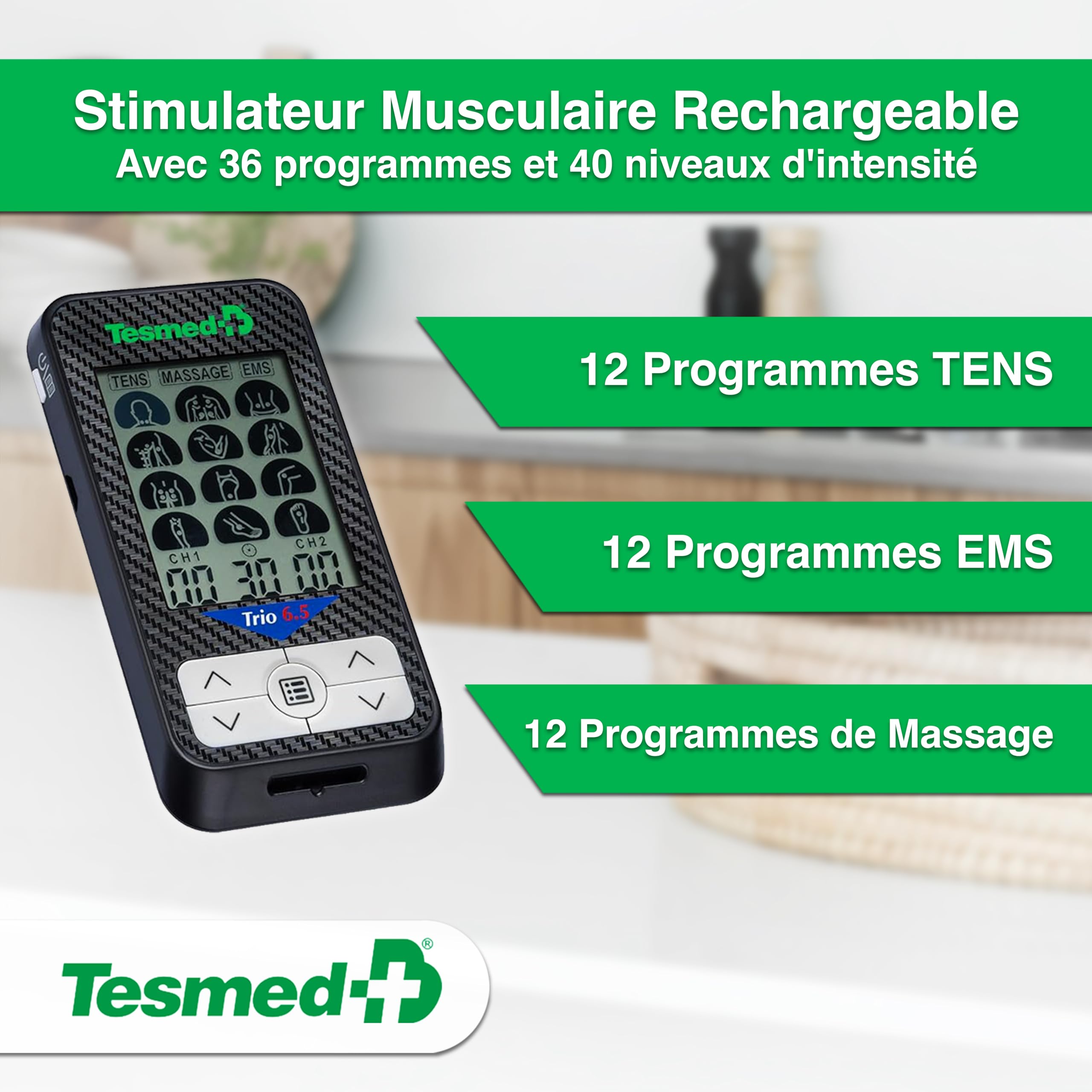 TESMED Trio 6.5 Elettrostimolatore EMS TENS Ricaricabile con ABS Pad Addominali Incluso