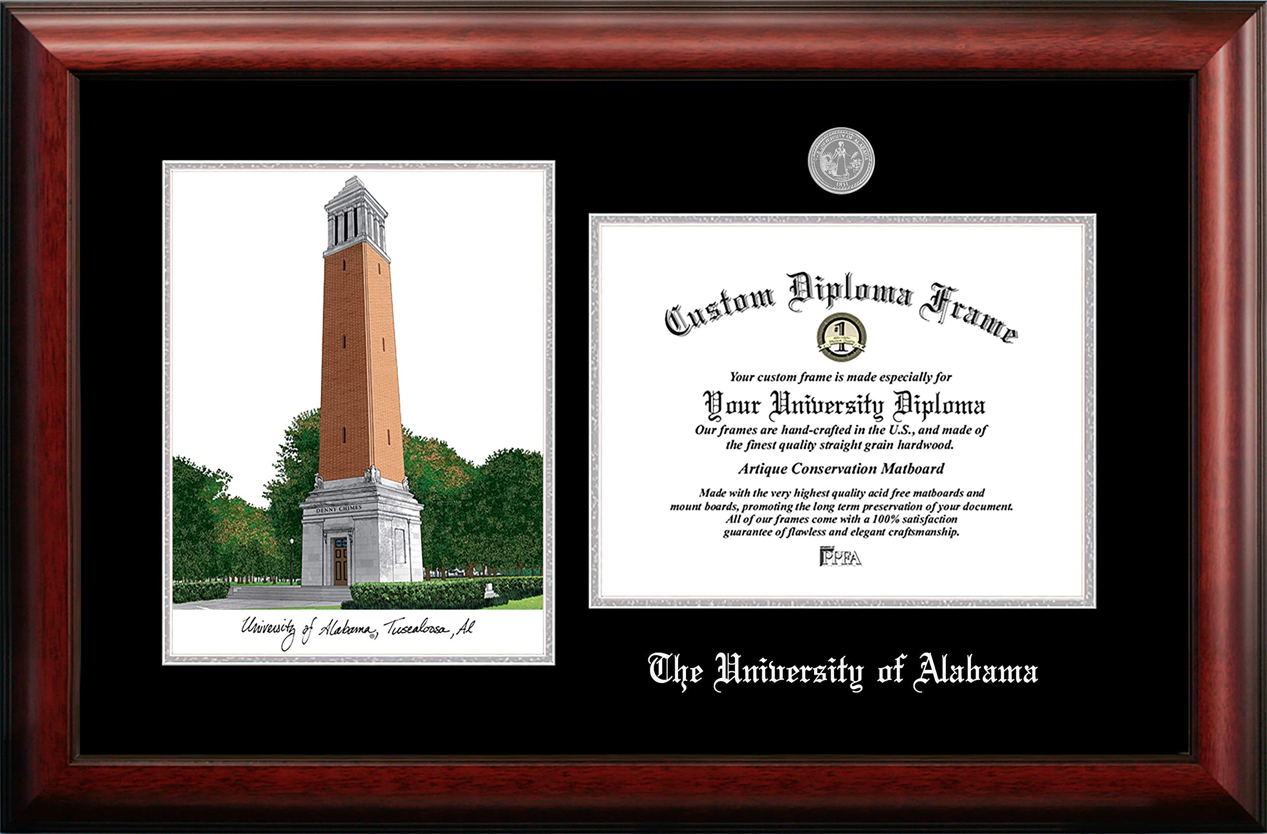 Campus Images NCAA Alabama Crimson Tide Unisex Silver Medallion Frame University of Alabama, Tuscaloosa 11w x 8.5h Silver Embossed Diploma Frame Lithograph, Brown, One Size (AL993LSED-1185)