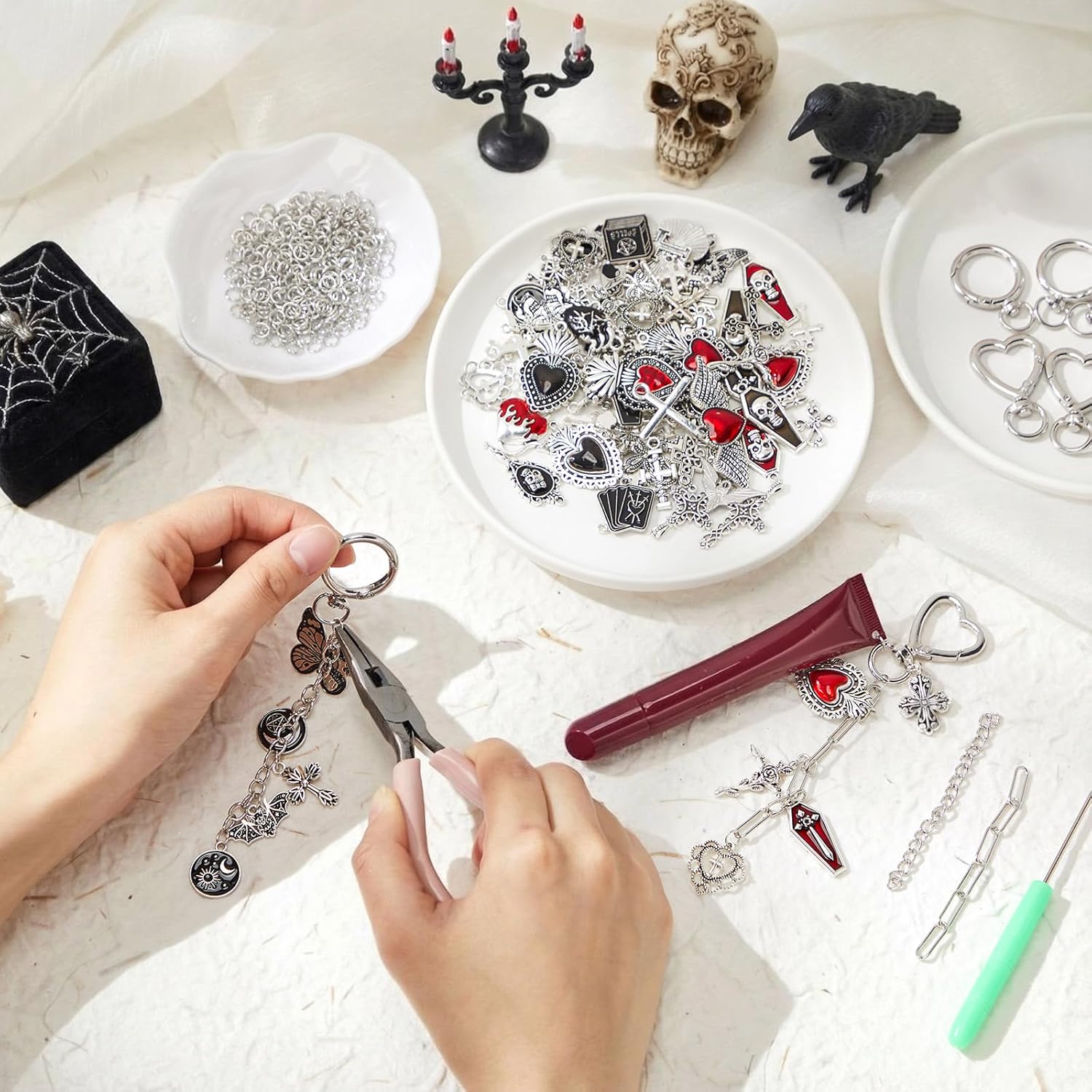 VioraWhite 457 Pcs Gothic Lip Gloss Charm Kit Gothic Charms for Jewelry Making Lip Gloss Keychain Making Kit Including Assorted Charms Keychain Clips Extender Chain