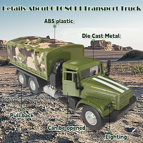 Miniatura 2 de Camión militar de metal fundido a troquel para niños y niñas, modelo de juguete para tirar hacia atrás, vehículo de transporte con luces y sonidos