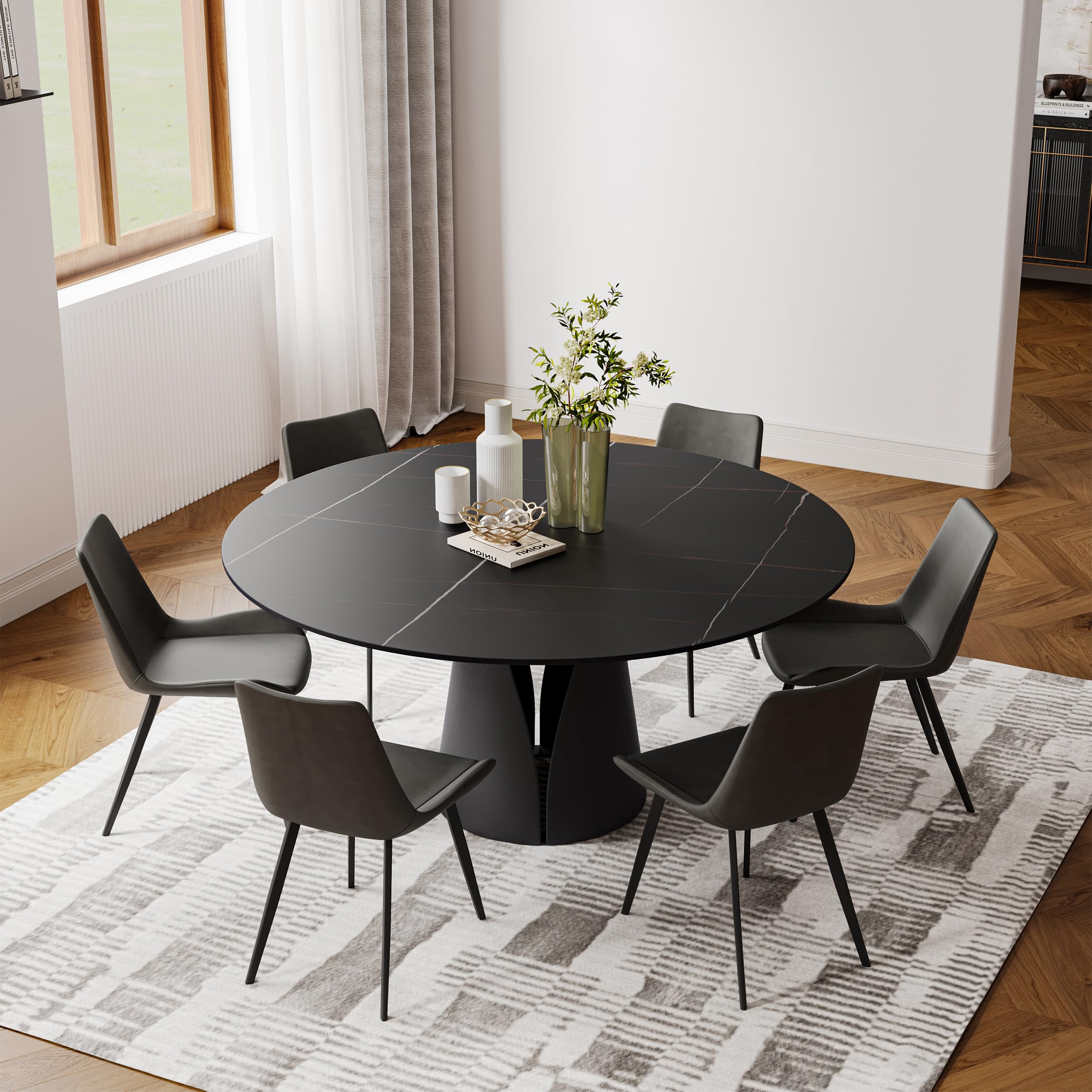 POVISON Modern Round Dining Table for 6, Marble Dining Table 60" Dining Room Table Matte Black Sintered Stone Top with Solid Black Carbon Steel Base for Kitchen (Table Only)