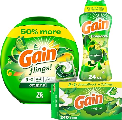 Miniatura 1 de Gain Paquete original Gain flings - Jabones de detergente para ropa, 76 unidades + cuentas de refuerzo de aroma para lavado de fuegos artificiales,