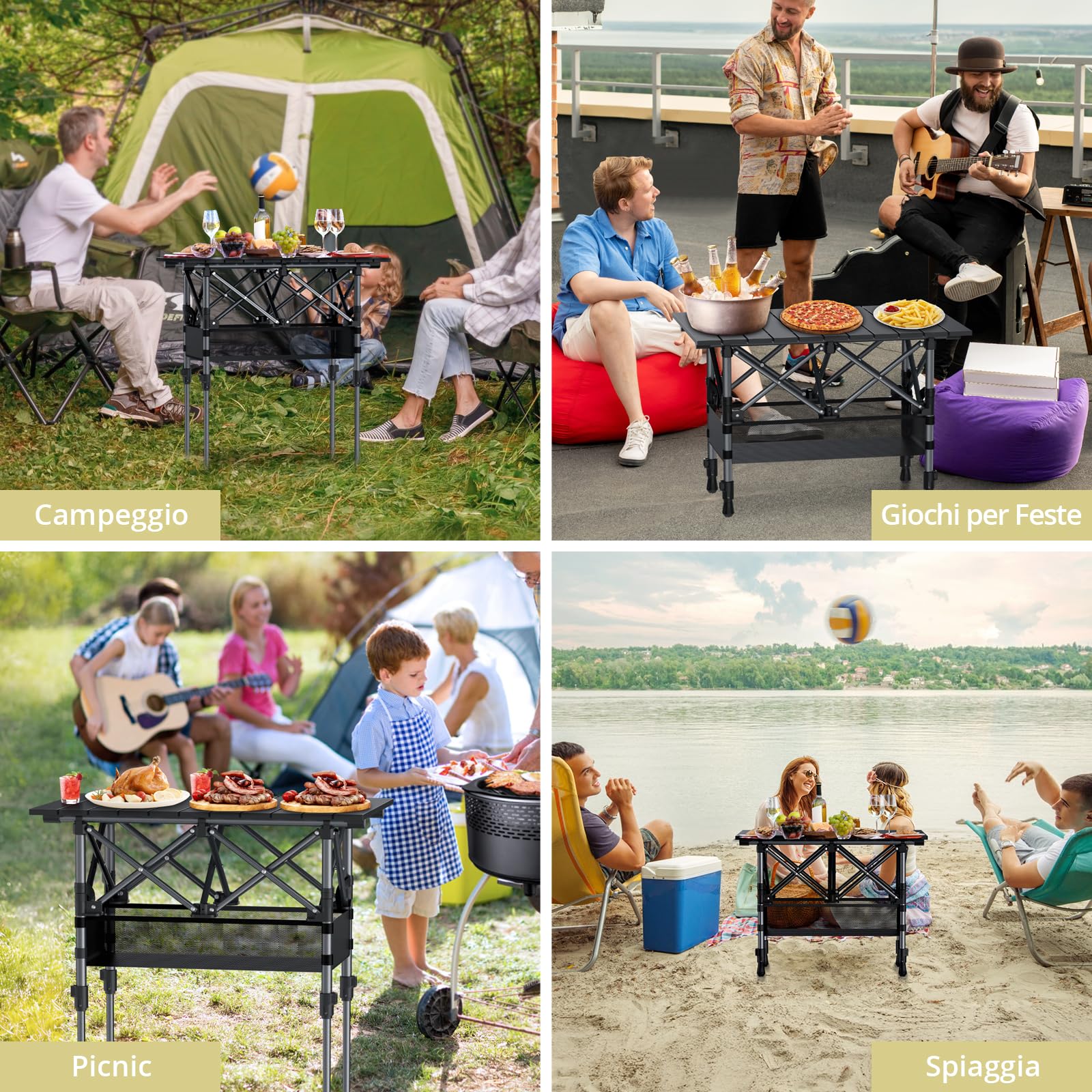 Anbte Tavolo Pieghevole da Campeggio-Giardino Portatile 64 * 40 * 70 Multifunzione Tavolino da Caffè Altezze Portatile in Alluminio per Picnic/Spiaggia/Ufficio/Balcone/Interno-Nero