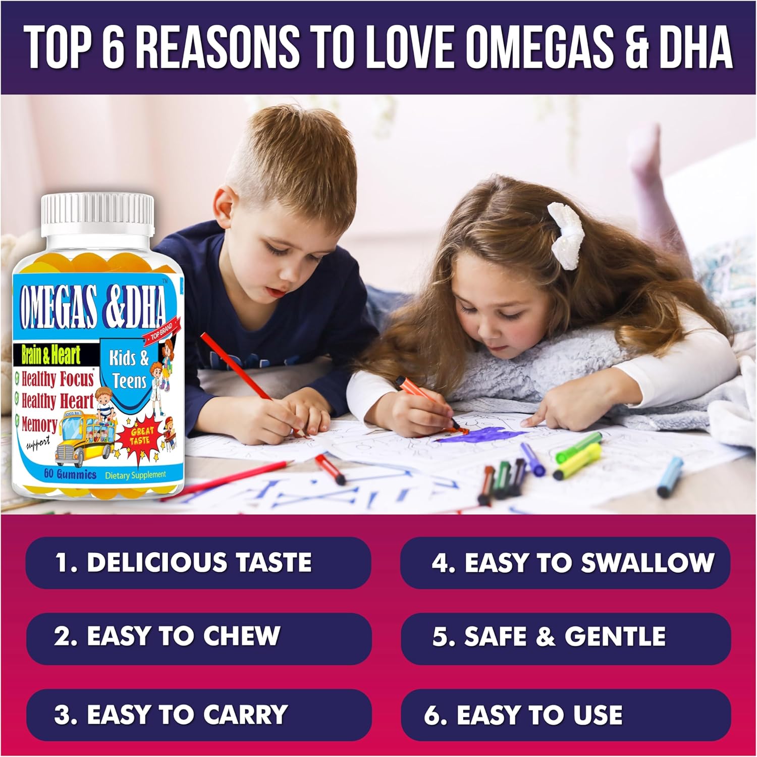Kids Omega 3 Gummies with DHA & EPA – Omega 3 Supplement for Kids & Teens, Supports Brain Focus & Memory, Eye Health, Great Taste, Non-GMO, 60 Count - Image 3