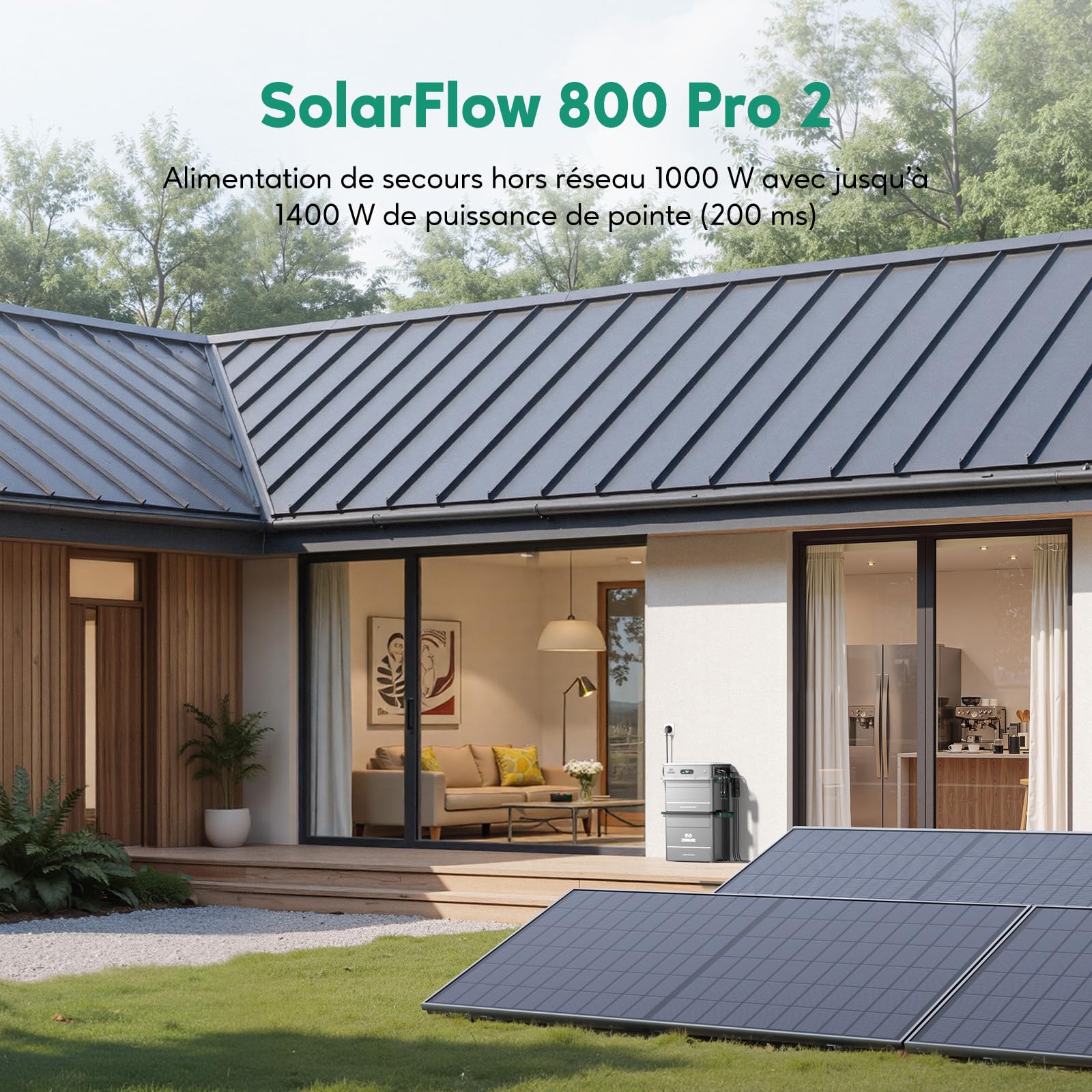 Zendure SF800 Pro2, Centrale Électrique de Balcon avec Entrée 2640W, Charge 1000W, Sortie 800W, Système de Gestion Énergétique IA, 1.92kWh-11,52kWh Batterie Extensible -500W*4 Panneau Bifacial