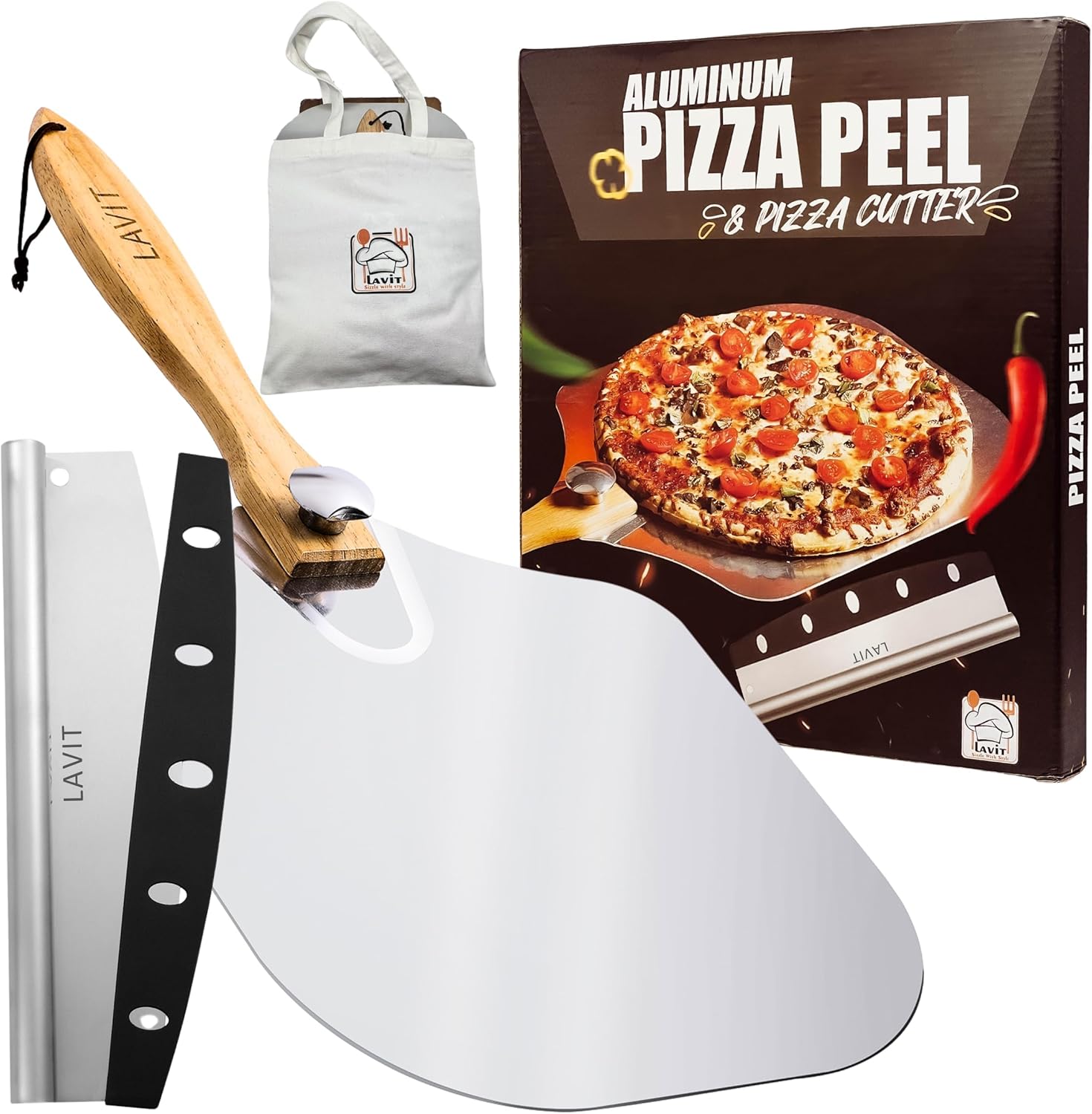 Pizza Peel Aluminum Pizza Spatula – Lavit 12×14 Inch Pizza Pack Metal Peel with Wood Handle & Rocker Cutter, Pizza Paddle (Storage bag included), for Family Pizza Oven, Baking, Dough, Bread & Pastry Pizza Peel Aluminum Pizza Spatula – Lavit 12×14 Inch Pizza Pack Metal Peel with Wood Handle & Rocker Cutter, Pizza Paddle (Storage bag included), for Family Pizza Oven, Baking, Dough, Bread & Pastry
