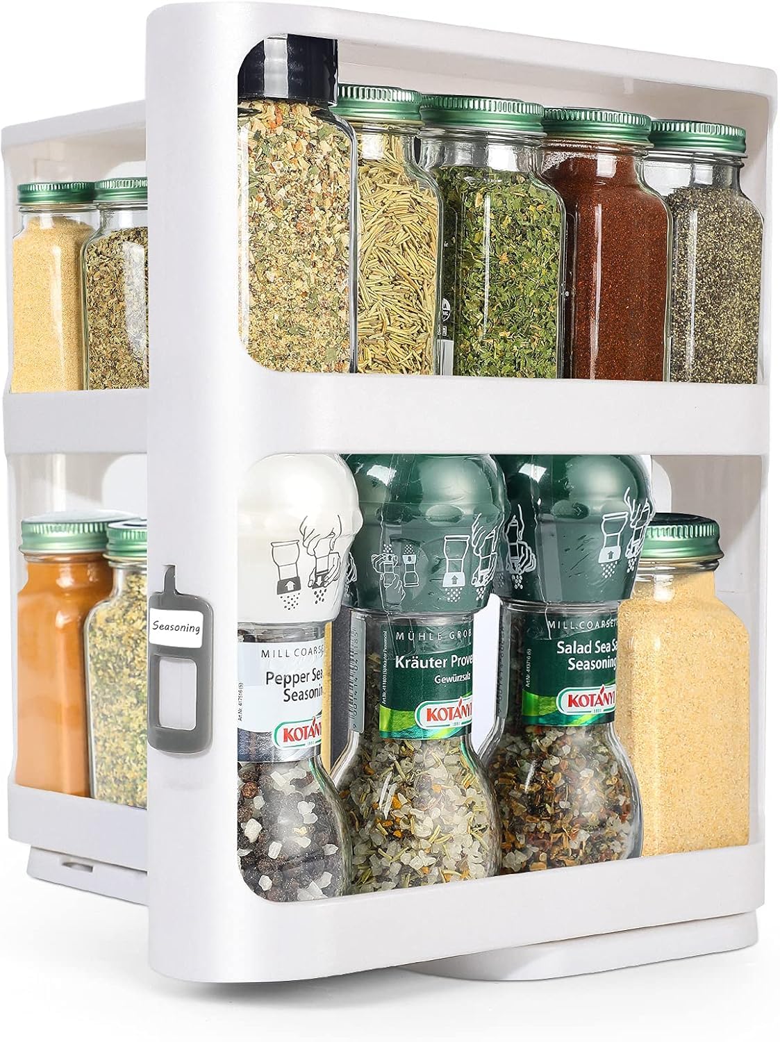 NOAEOU Pull-and-Rotate Spice Rack Organizer | 2 Double-Decker Shelves | Modular Design | Non-Skid Base | Stores Prescriptions, Essential Oils | 10.8"H x 5.75"W x 10.8"D