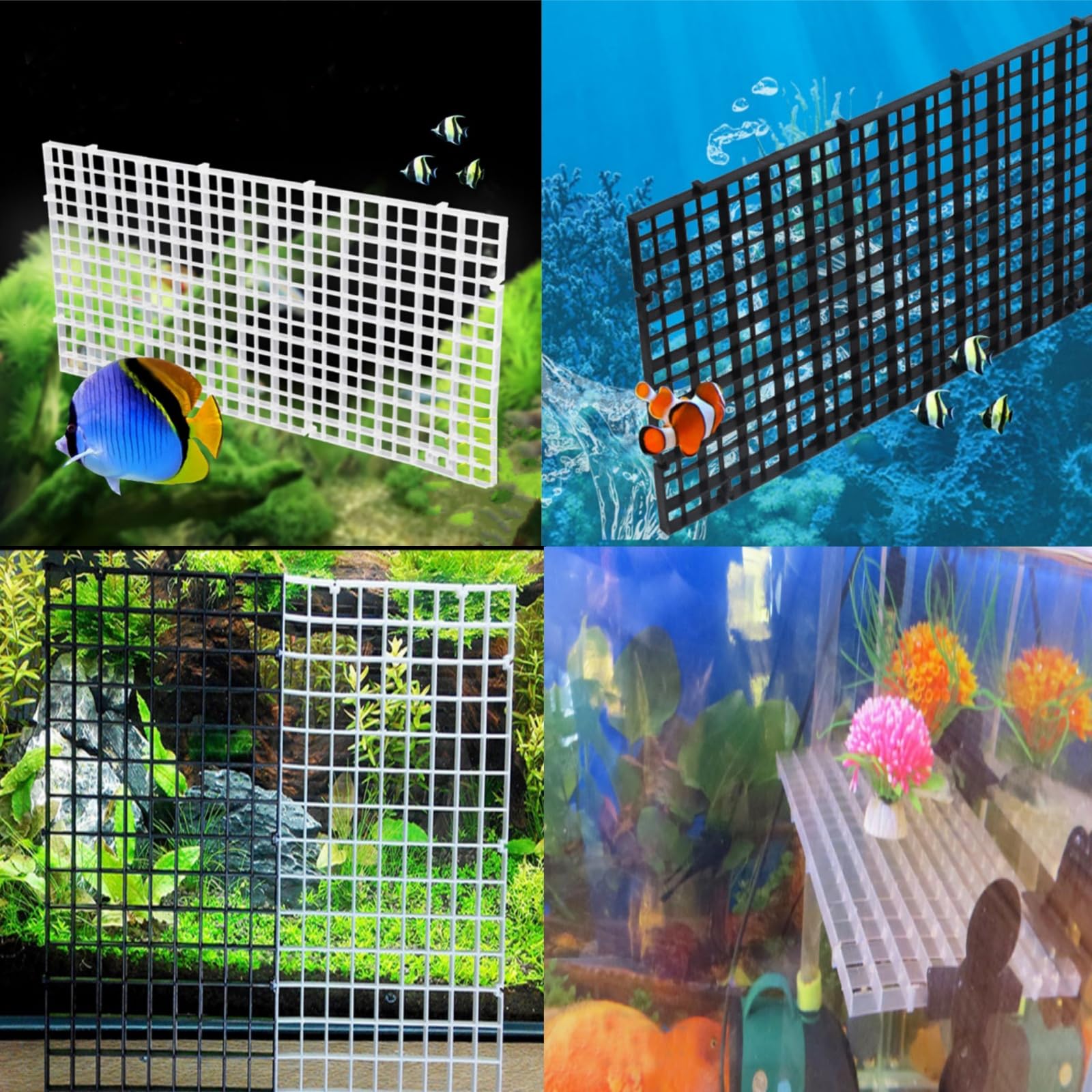 4pcs Aquarium Lid Hood Fish Tank Top Cover Terrarium Lid Plastic Grid Panel Egg Crate Grate with 6 Aquarium Glass Cover Board Clip Fish Tank Lid Anti-Jumping Net Cover (Black,11.6*11.6inch)