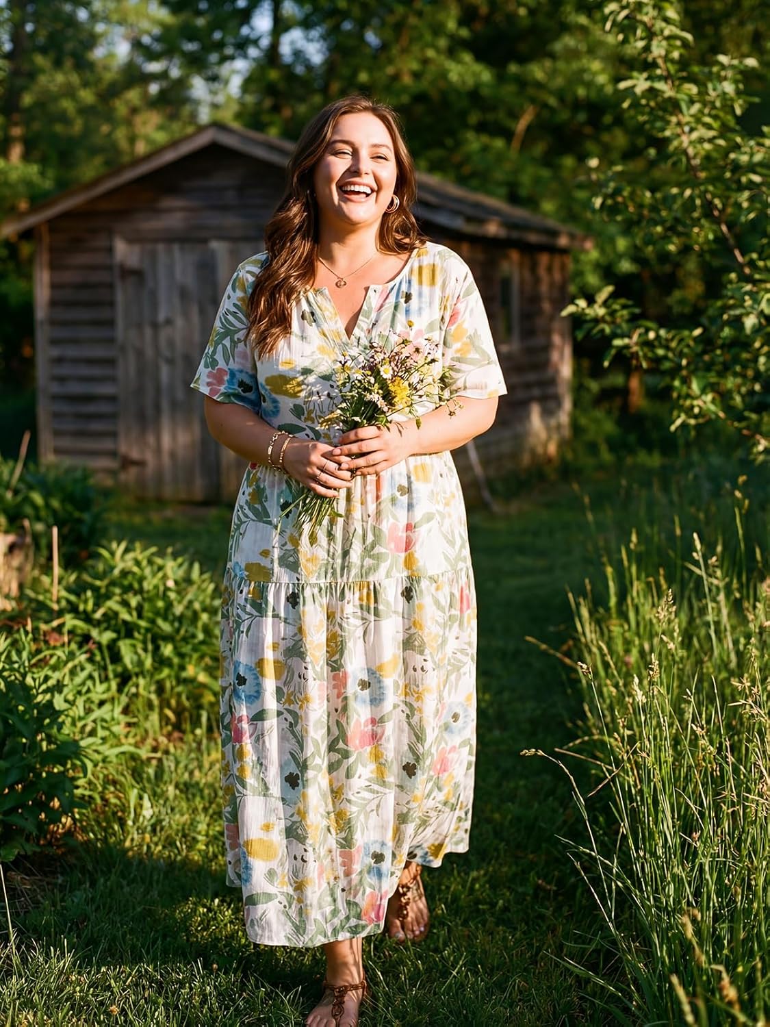 OLRIK Plus Size Maxi Dresses for Curvy Women - Flowy Boho Summer Dress with Pockets, V-Neck Short Sleeve for Beach Vacation