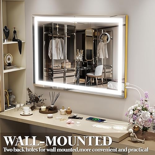 Vista 175 de FENNIO - Espejo de tocador con luces, sensor táctil con 3 modos de iluminación, aumento 10X, puerto de carga USB para mesa de tocador, dorado, 32 x