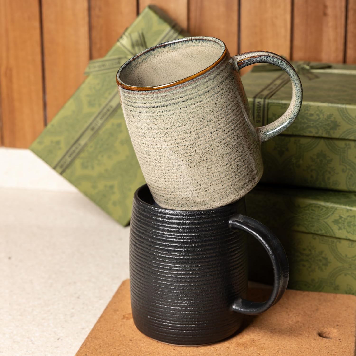 Ceramic Coffee mugs, 22 oz, Extra Large Mugs, Big Tea Cups, Large Handle, Pottery Mugs, Big Belly, Transmutation Glaze,Wide Bottom, stripe pattern, Microwave and Dishwasher Safe. (Gray) - Image 5