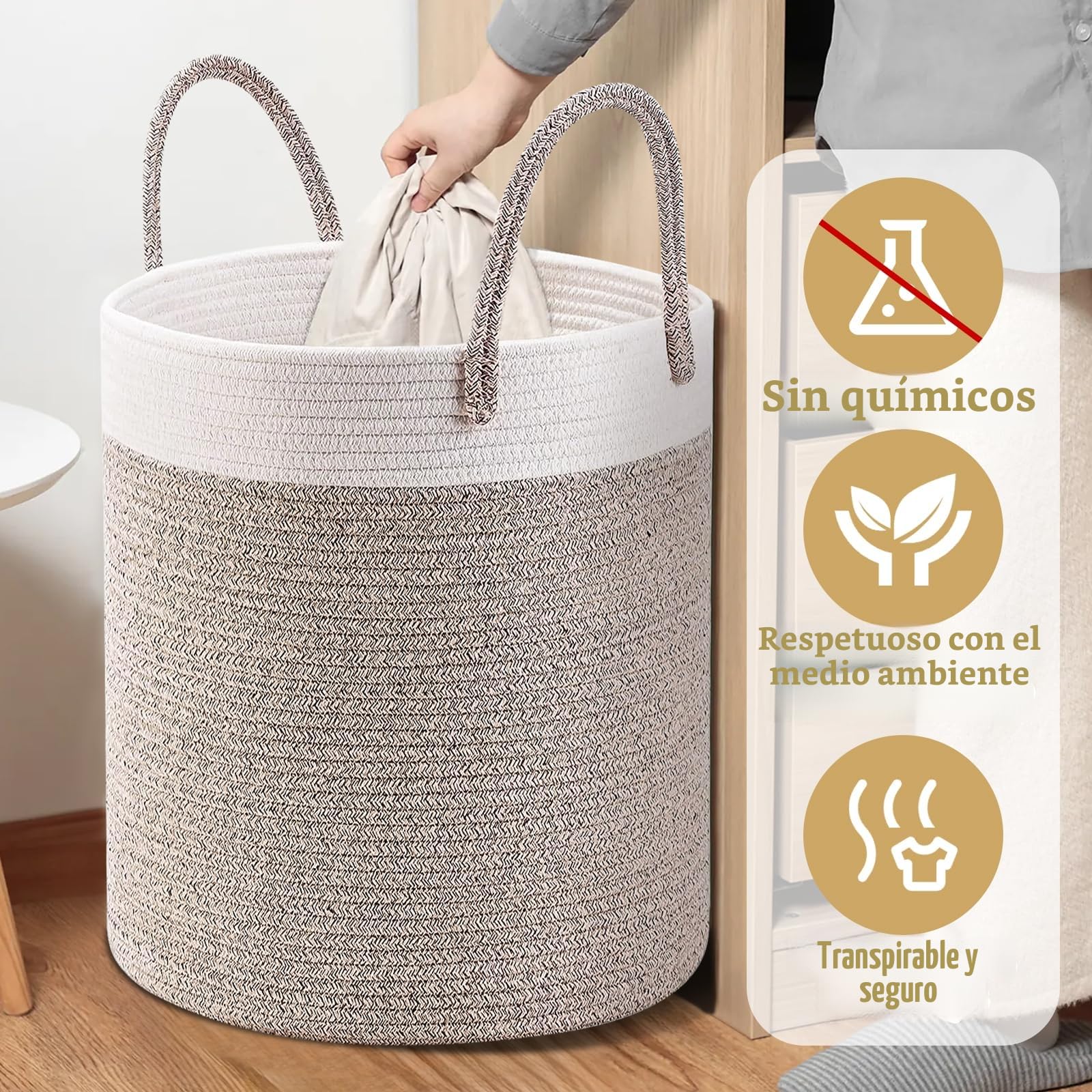 ZLPBAO XXL Cesto Ropa Sucia Trenzado de Algodón con Asa, 40L Cubo Ropa Sucia para Lavadero Habitación Infantil Salon Baño, Decorativas Cesta Para la Ropa Sucia para Almacenamiento