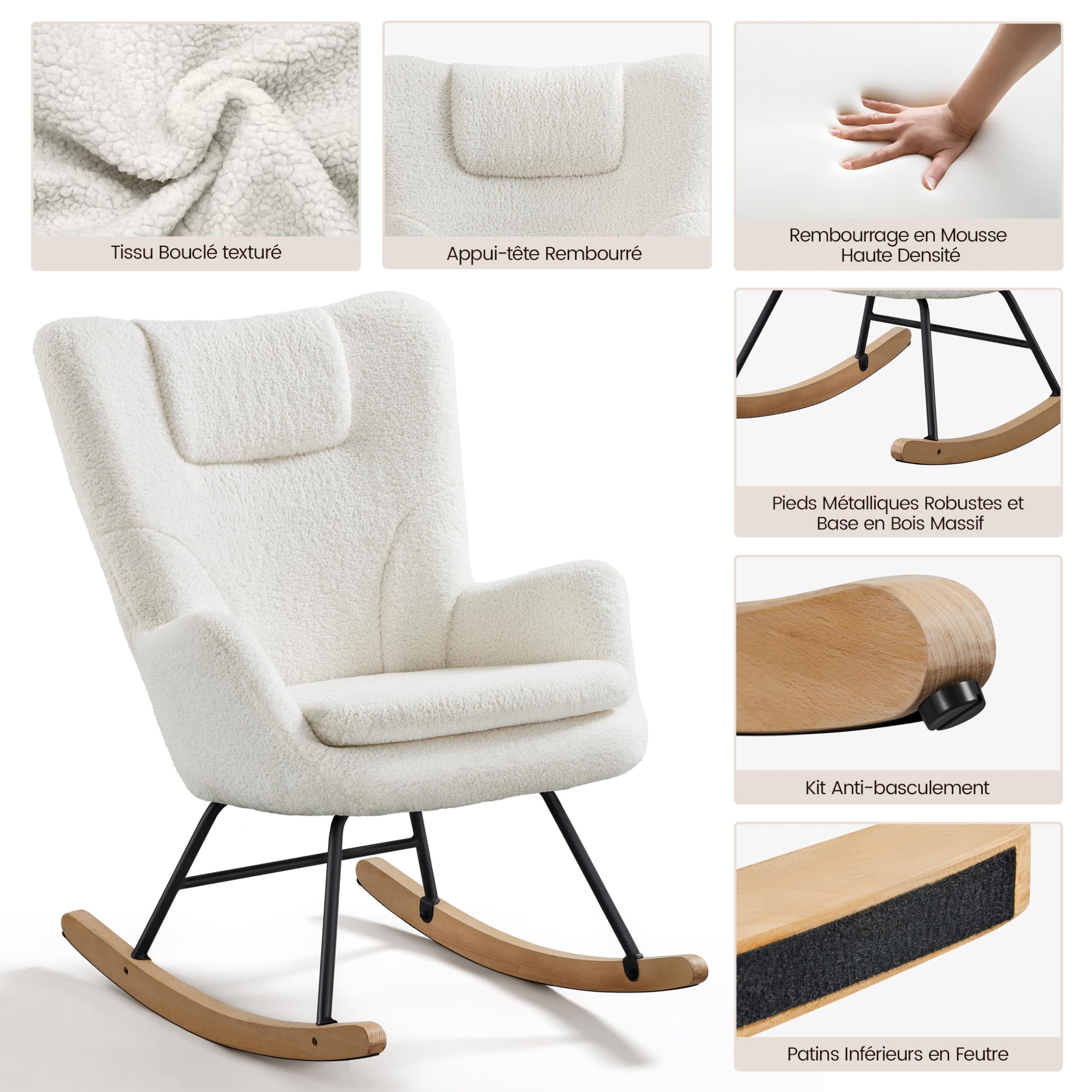 Yaheetech Fauteuil à Bascule Scandinave en Tissu Bouclé Rocking Chair à Haut Dossier Fauteuil Allaitement avec Pieds en Bois Massif Chaise d'appoint pour Salon Chambre Appartement Ivoire/1