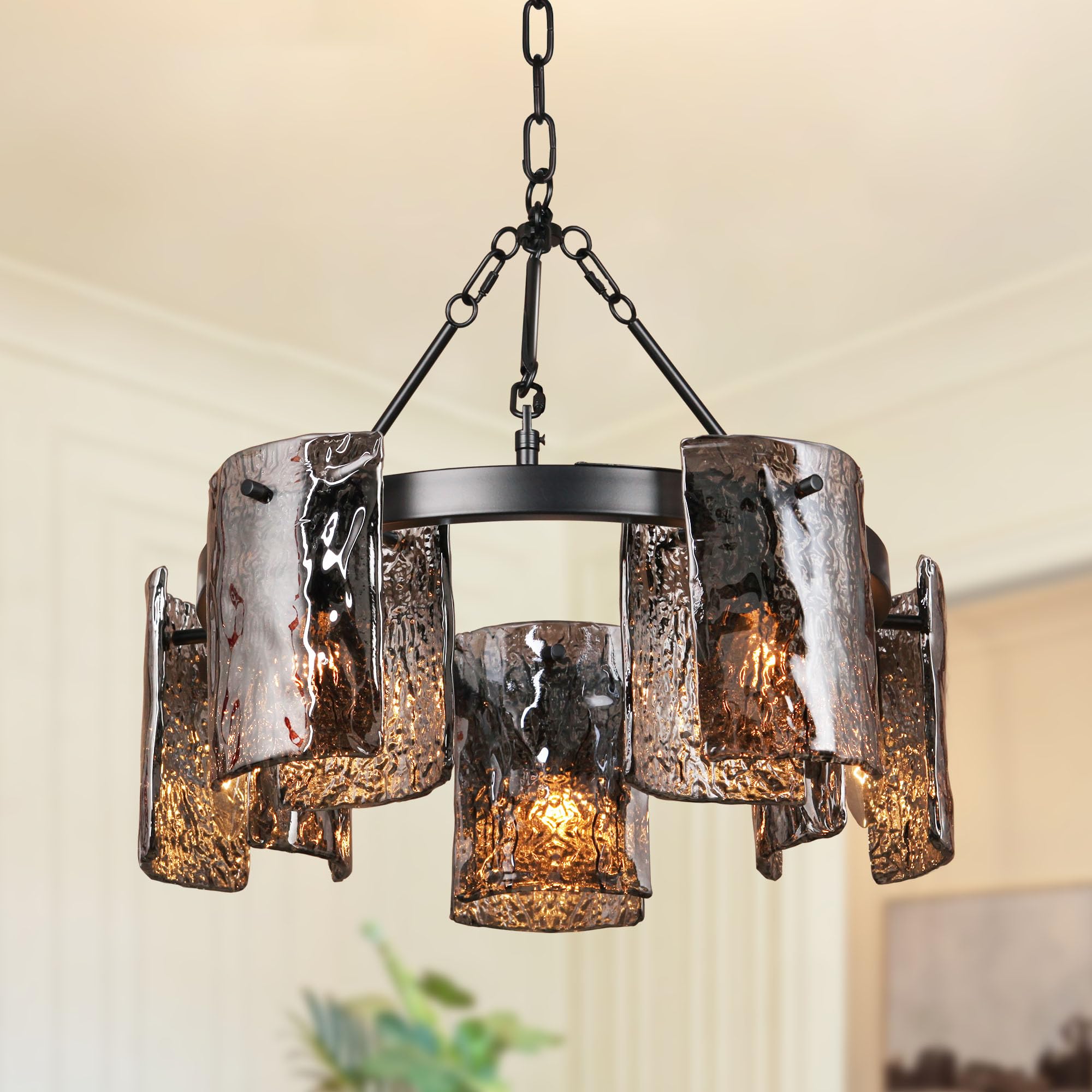 Photo 1 of Modern Black Crystal Chandeliers for Dining Room, with Smoke Gray Hammered Glass Shade, Luxury Drum Adjustable Height Farmhouse Lighting Fixture for Kitchen, Living Room, Foryer D20 (5-Lights)