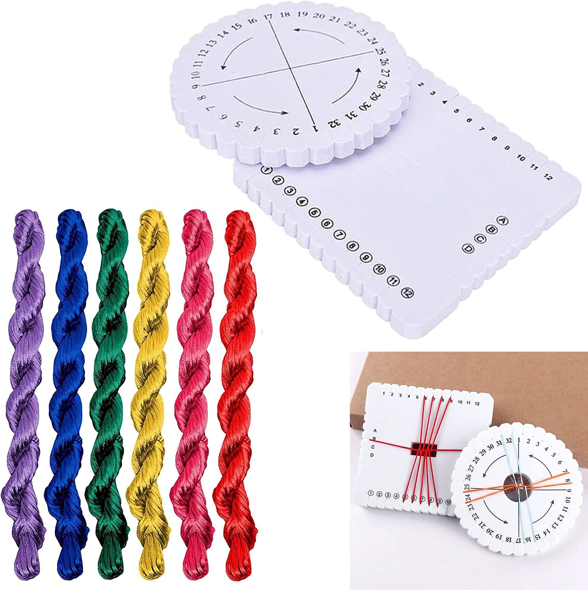 2 Pieces Kumihimo Disc Braiding Board Hand Set Beads Cord Disc Rope Bracelet Handmade Tool 6 Packs of Nylon Thread for Making Bracelets and Lace Wristbands