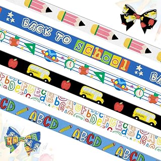 공예용 개학 리본 6개, 너비 1cm(3/8인치) 그로그랭 리본 유치원 연필 버스 ABC 공예 리본 유치원 장식 바느질 DIY 공예 용품