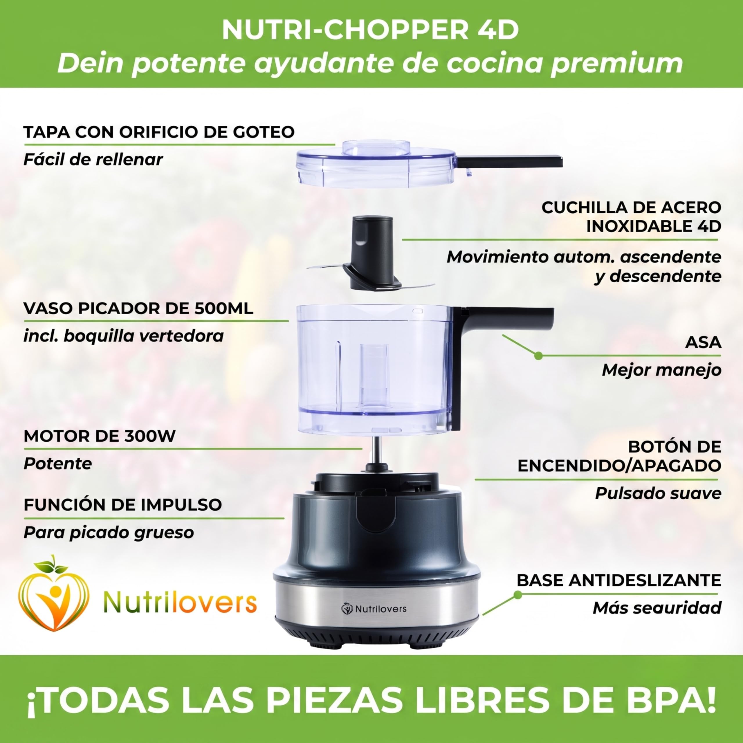 Multipicadora eléctrica 4D de Nutri-Chopper, picadora universal para nueces, cebollas, frutas y verduras, carne, función de cuchilla automática, recipiente de mezcla (500 ml), sin BPA