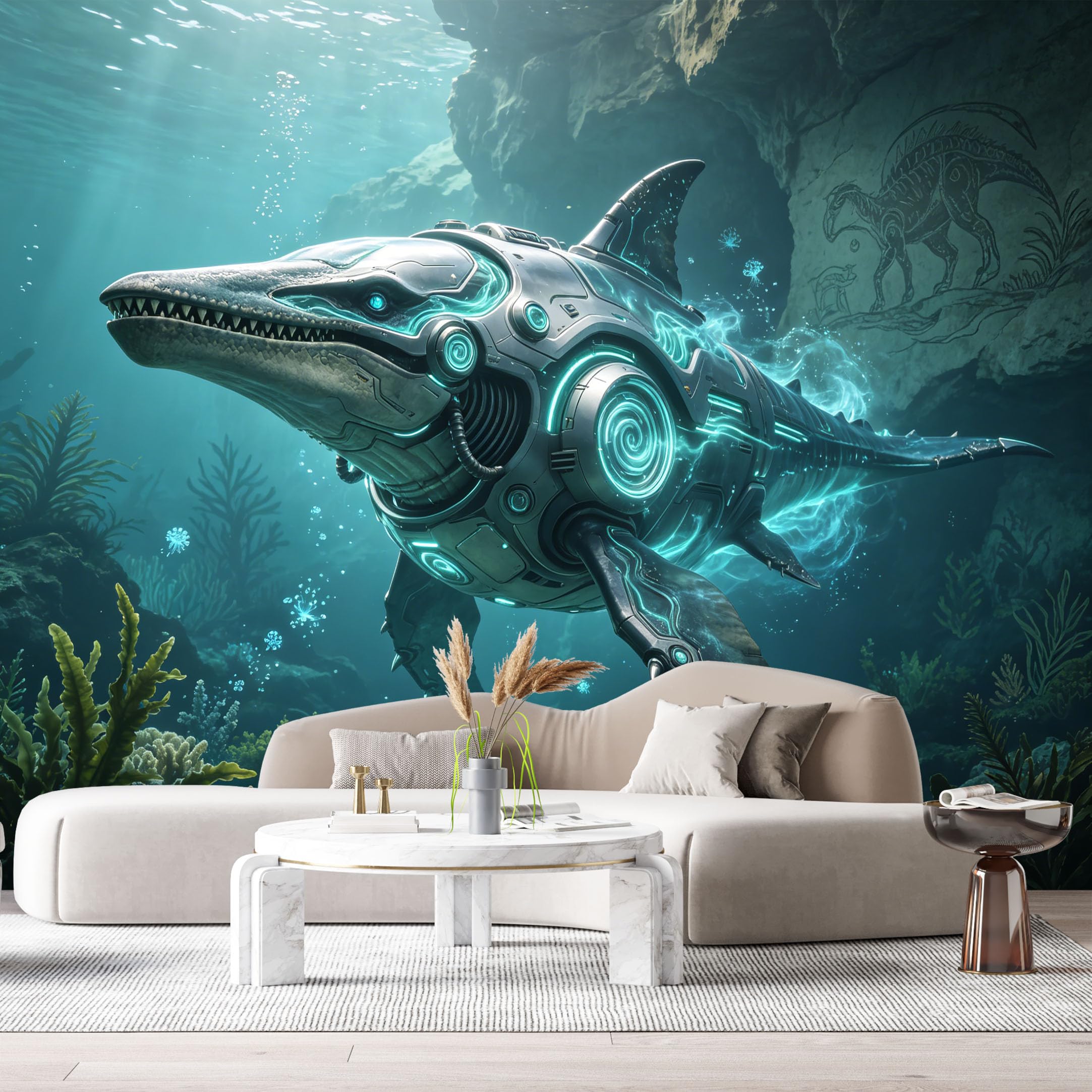 Custom Size Wall Mural Cyber Aquatic Mech Shark Futuristic Marine Robot 3D Neon SciFi Ocean Creature SelfAdhesive Art Prints Removable Large Wallpaper Esports Room Game Room Studio