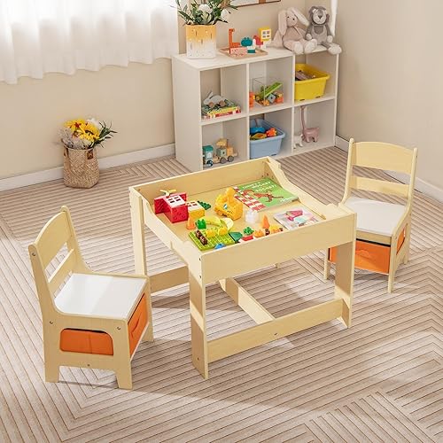 Miniatura 8 de Fireflowery - Juego de mesa y silla para niños, mesa de actividades de madera 3 en 1 con cajón de almacenamiento y pizarra desmontable, escritorio
