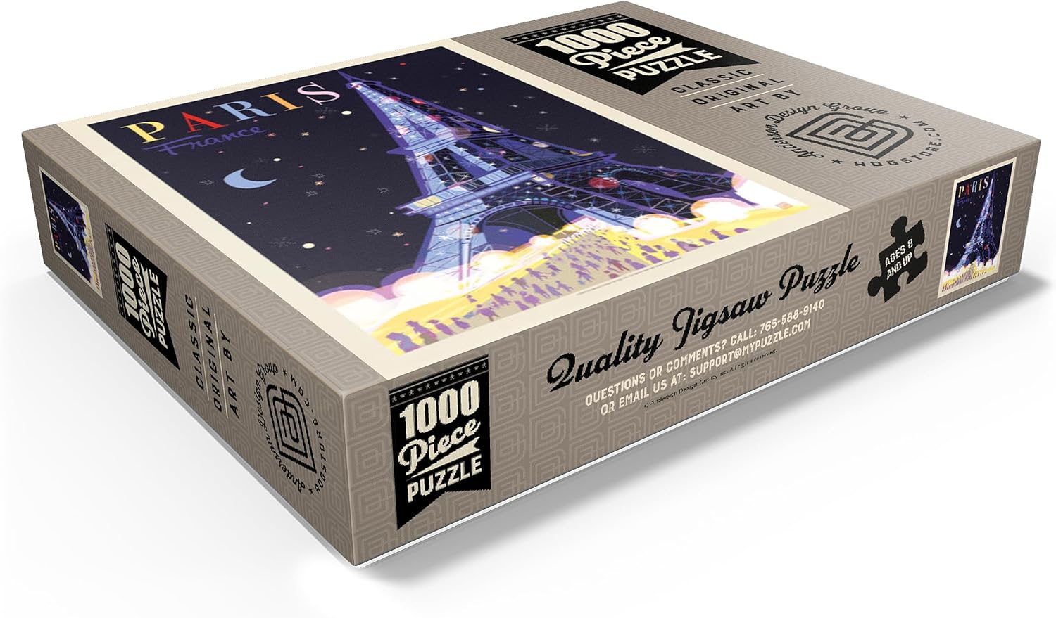 MyPuzzle France: Paris, Eiffel Tower At Night (Mod Design), Vintage Poster - Premium 1000 Piece Jigsaw Puzzle for Adults