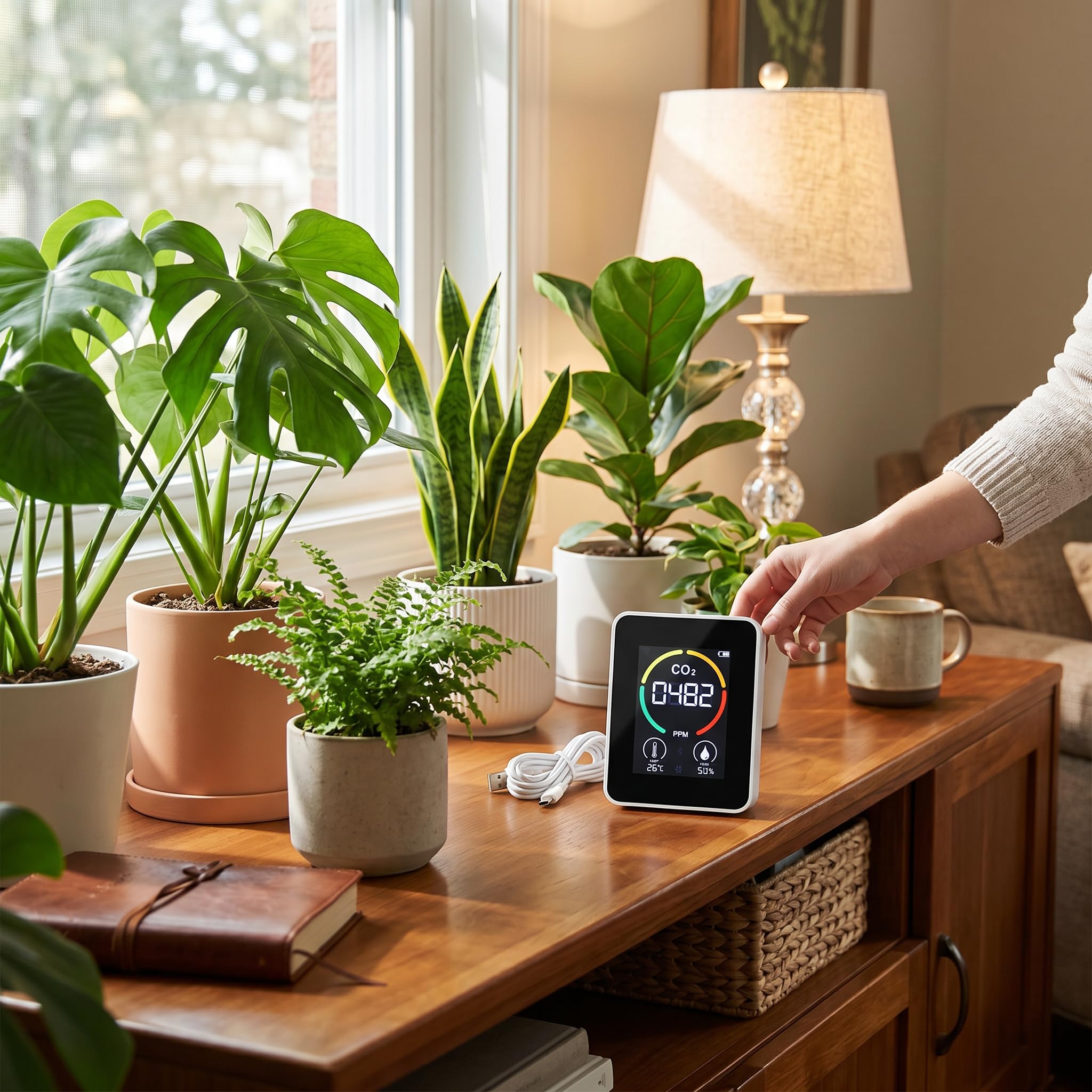 Greensen Détecteur de CO2, Moniteur de Qualité de L'Air Testeur de Qualité de L'Air Intérieur Compteur de CO2 avec Affichage en Temps Réel Lumière Clignotante Détection par (White)