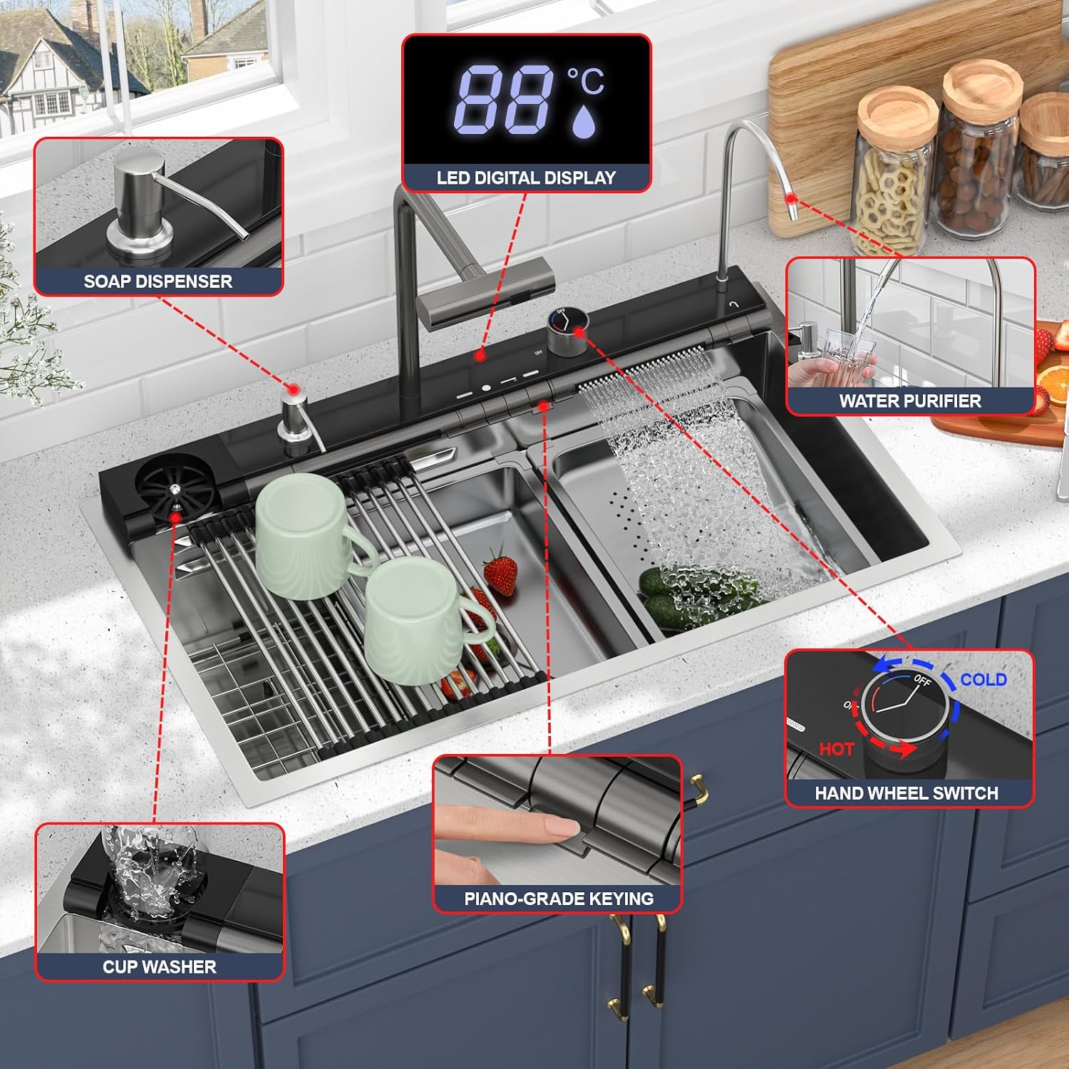33 Inch Smart Waterfall Kitchen Sink - Beslend 33x19 Stainless Steel Drop In Waterfall Sink Topmount Workstation 16 Gauge Modern Sinks Single Bowl with Faucet, Cup Washer and Digital Display