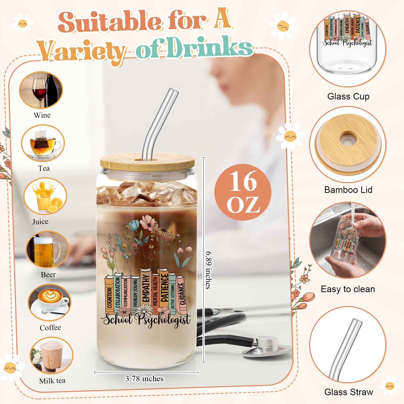 Yungyan 35 Pcs School Psychologist Gift 16 oz Glass Cup Tote Bag Notebook Pen Sticky Note Mental Health Awareness Month for Psychologist Counselor Educator Teacher