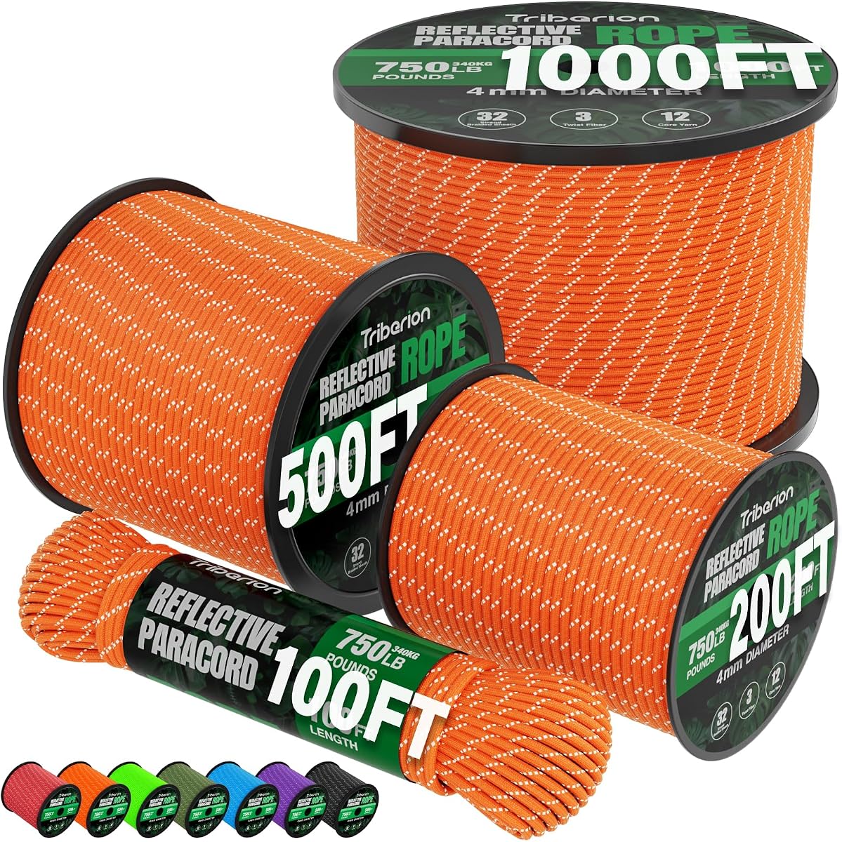 Reflective Paracord Rope 750 lb - 200ft 5/32" Parachute Cord 4MM 12-Strand para Cord - Heavy Duty Spool String for Survival,Camping Gear, Survival Bracelet, Clothesline - Orange