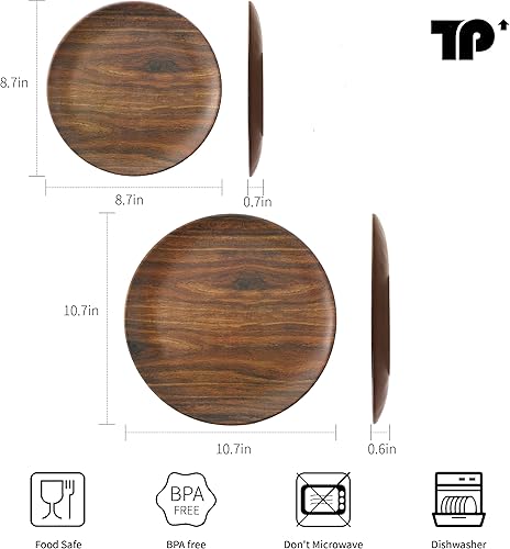Miniatura 7 de TP 11" Platos de cena de melamina, juego de 6 platos irrompibles para servir para interior y exterior, servicio para 6, grano de madera de rosa