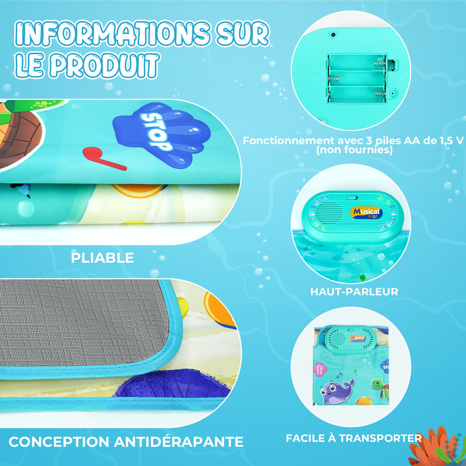 Jouet Bebe 1 an, Tapis Musical Bébé avec 6 Animaux Marins - Piano et Tambour 2 en 1, Jouet Éducatif pour Enfants de 1 à 3 Ans, Cadeau Parfait pour Noël et Anniversaire