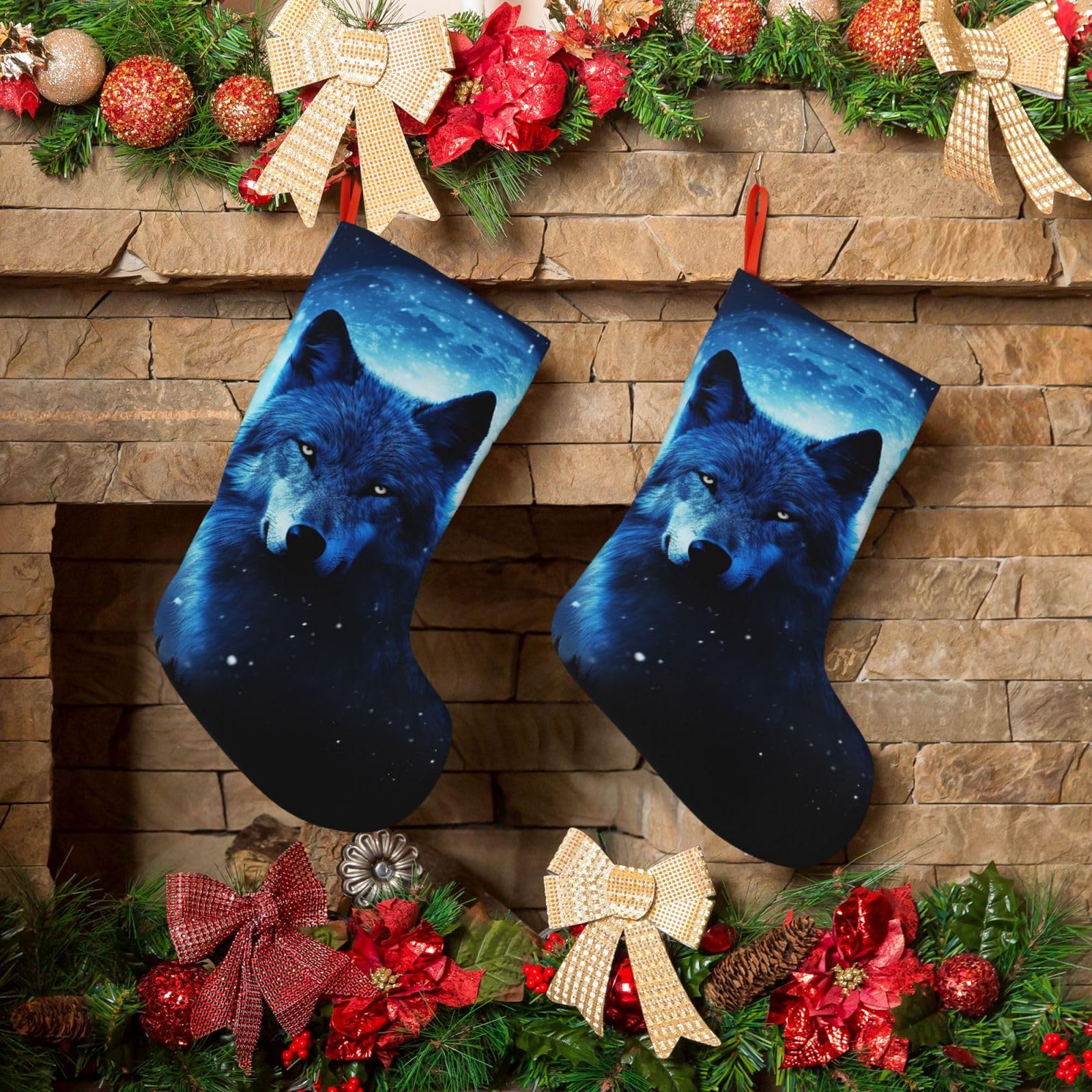 KLOPH Christmas Stockings 18" Personalized Xmas Stocking Wolfs Decoration Stocking Hanging Fireplace Stocking for Holiday Xmas Tree Christmas Fireplace Decor