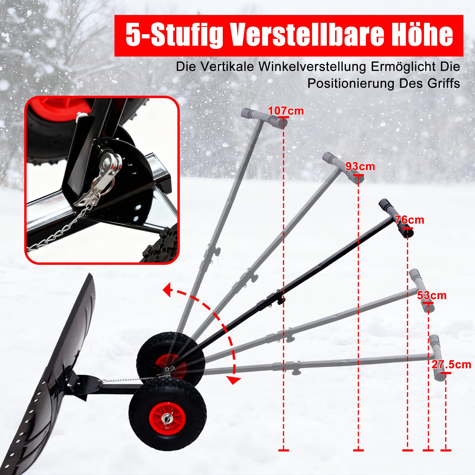 Räder-Schneeschieber 74x36cm - Rückenschonender Schneeschaufel mit 5-Fach Höhenverstellung, Klappbarer Metall-Schneeschild für Garten, Gehwege & Einfahrten
