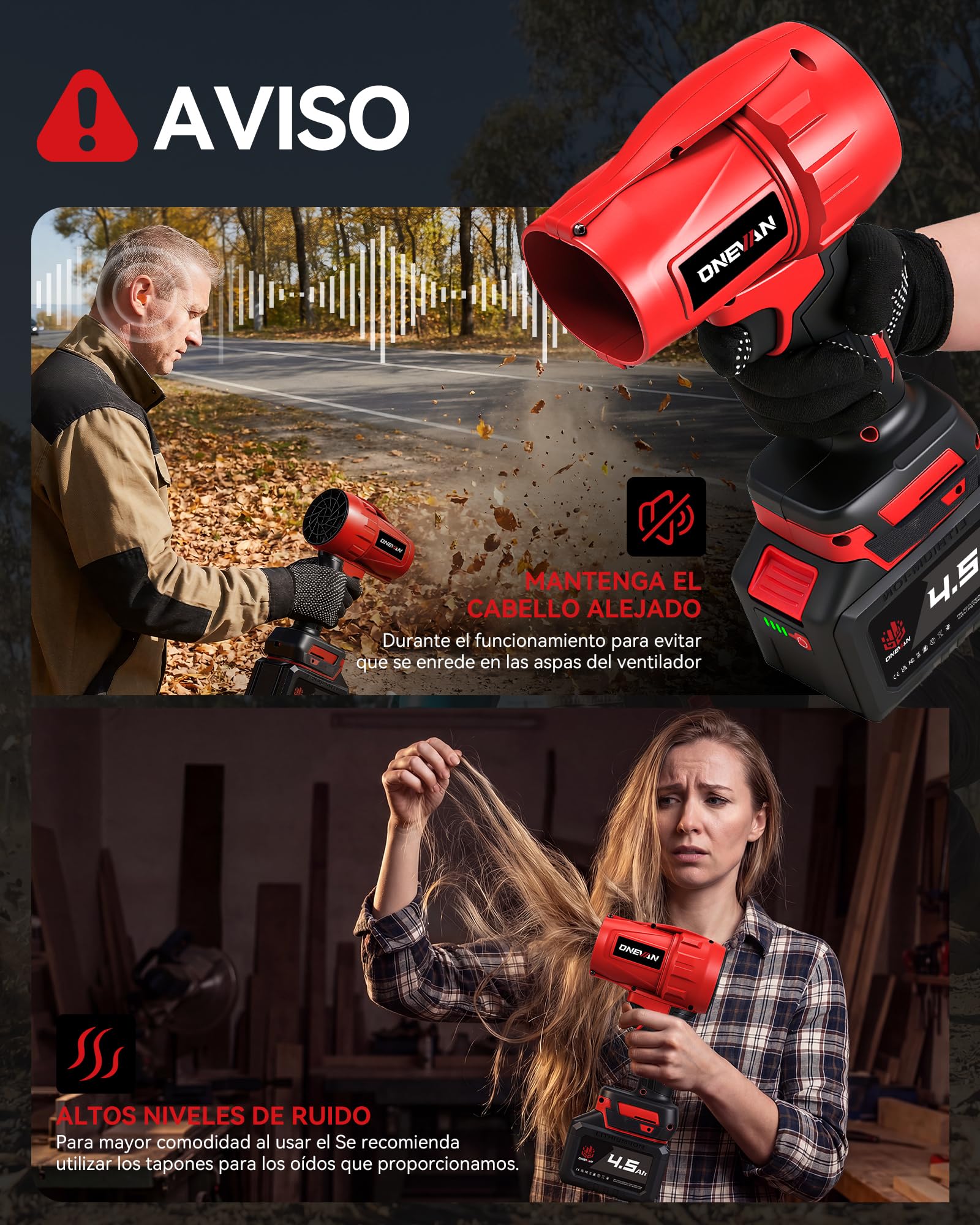 ONEVAN Turbo Soplador Bateria, 600km/h Soplador de Hojas sin Escobillas con 2 Baterías 4.5Ah y Cargador 1.2A, Fuerza de Soplado 1.5 kg, Soplador de Aire Potente Jardin para Hojas, Polvo y Nieve