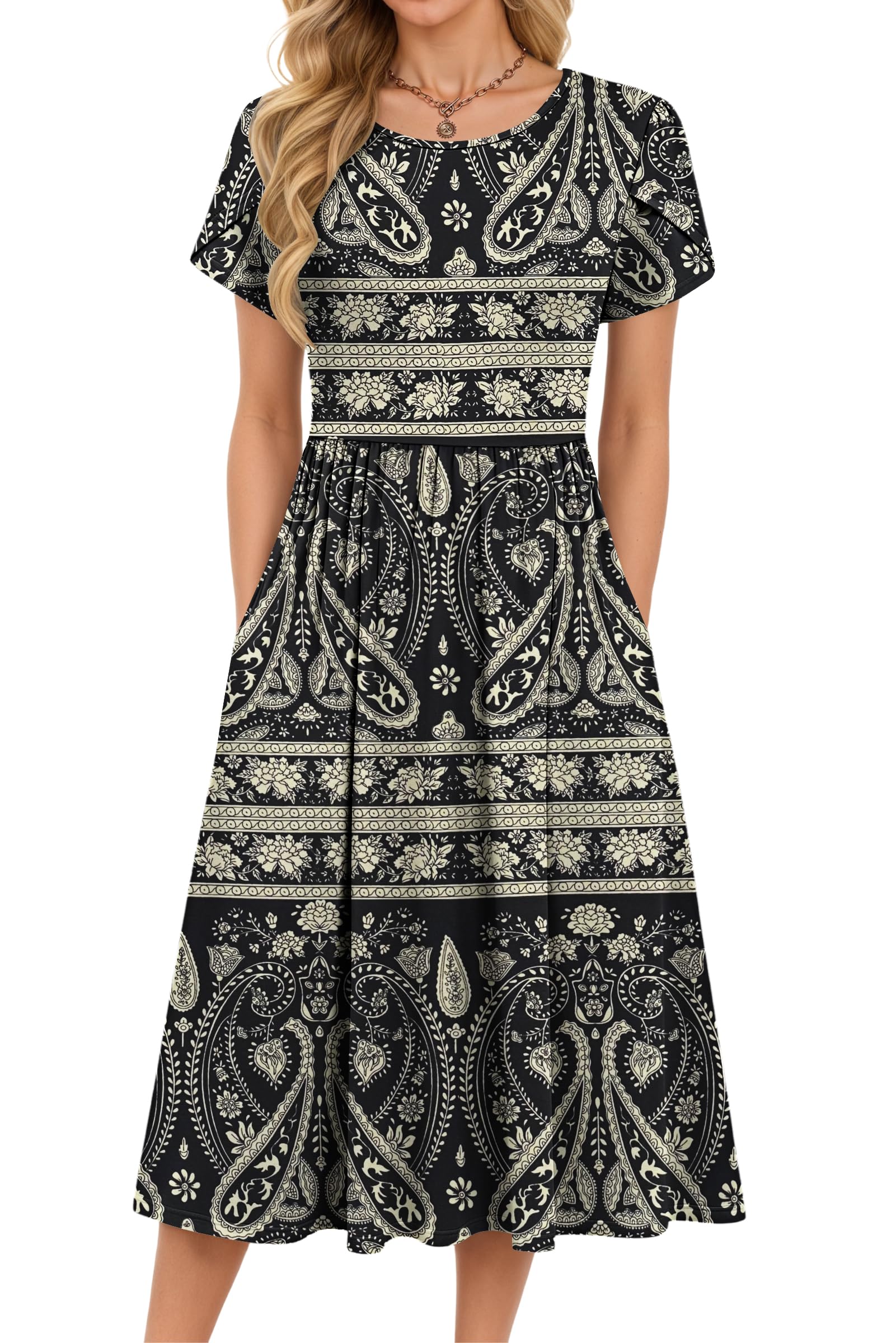 MOLERANI Damen Sommerkleider - Kurzarm Rundhals Midikleid Knielang Freizeitkleider Lose A-Linie Kleider mit Tasche