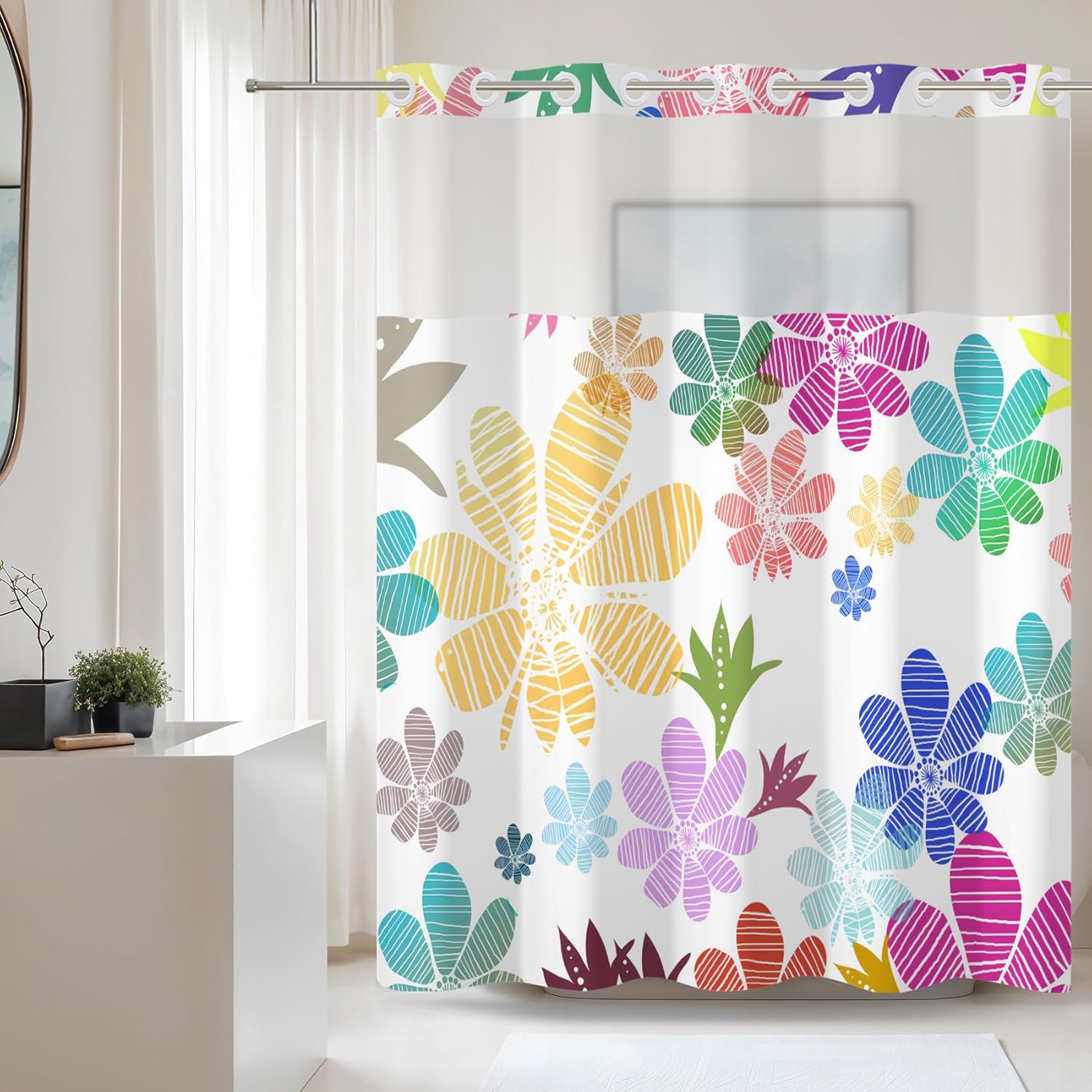 Baocicco No Hook Colorful Flowers Shower Curtain Set for Kids Bath Multicolour Floral Modern Hotel Style Shower Curtain with See Through Top Window Funky Aesthetic Bathroom Decor 71x79 Inch No Liner