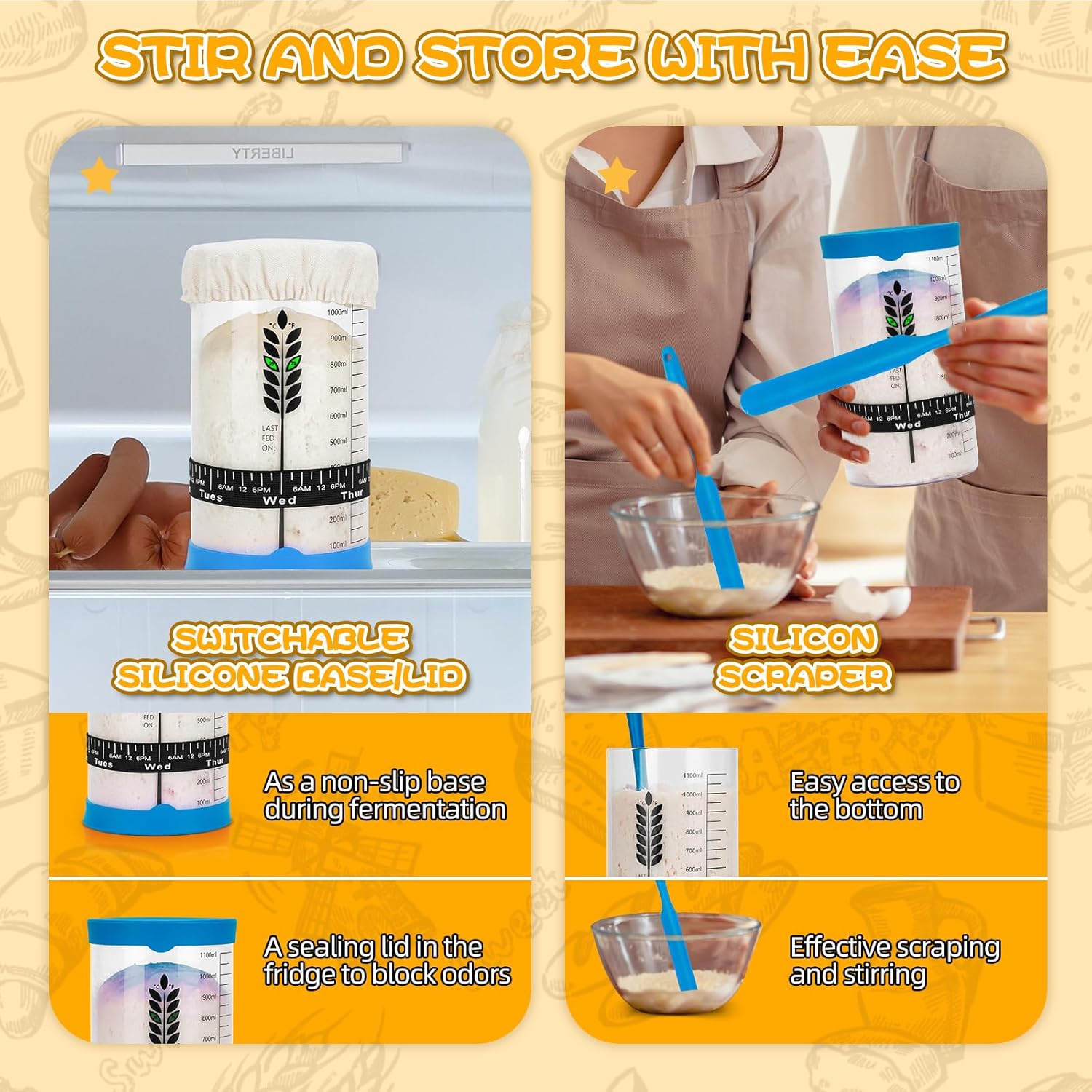 Sourdough Starter Jar Kit 2Pack, 40OZ Large Sourdough Starter Kit With Thermometer Strips & Scraper, Sourdough Bread Baking Supplies–A Perfect Sourdough Bread Starter Kit for Beginners to Expert(Blue)