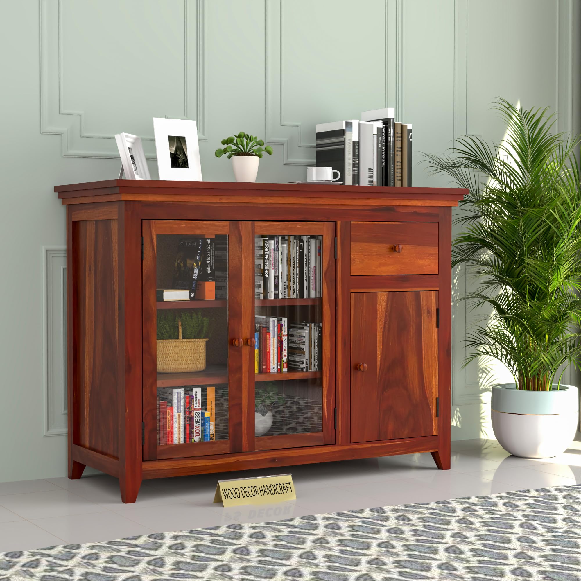 WOOD DECOR HANDICRAFT Wood Kitchen Cabinet with Glass Door, Home Kitchen Furniture, Kitchen DisplayCabinet, Wooden Chest of Drawers, (Natural Finish)-picture-22
