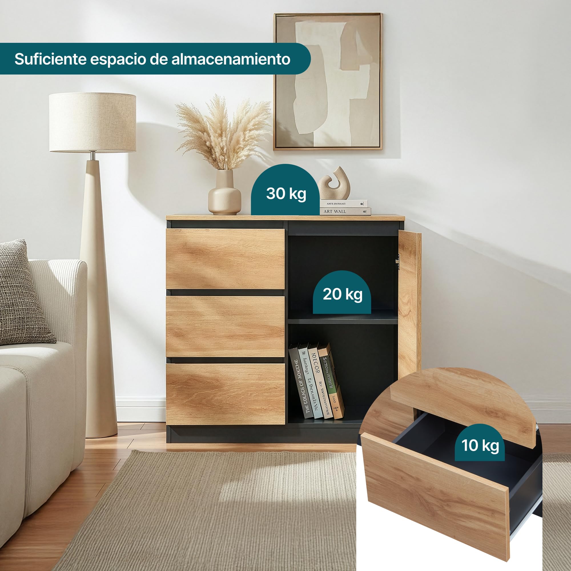 [en.casa] Aparador para Salón Kyr Armario Multiusos con 3 Cajones Compartimentos Cerrados con Puerta Mueble Auxiliar de Cocina Comedor Oficina Aglomerado 80 x 40 x 75 cm - Efecto Roble Rústico/Negro