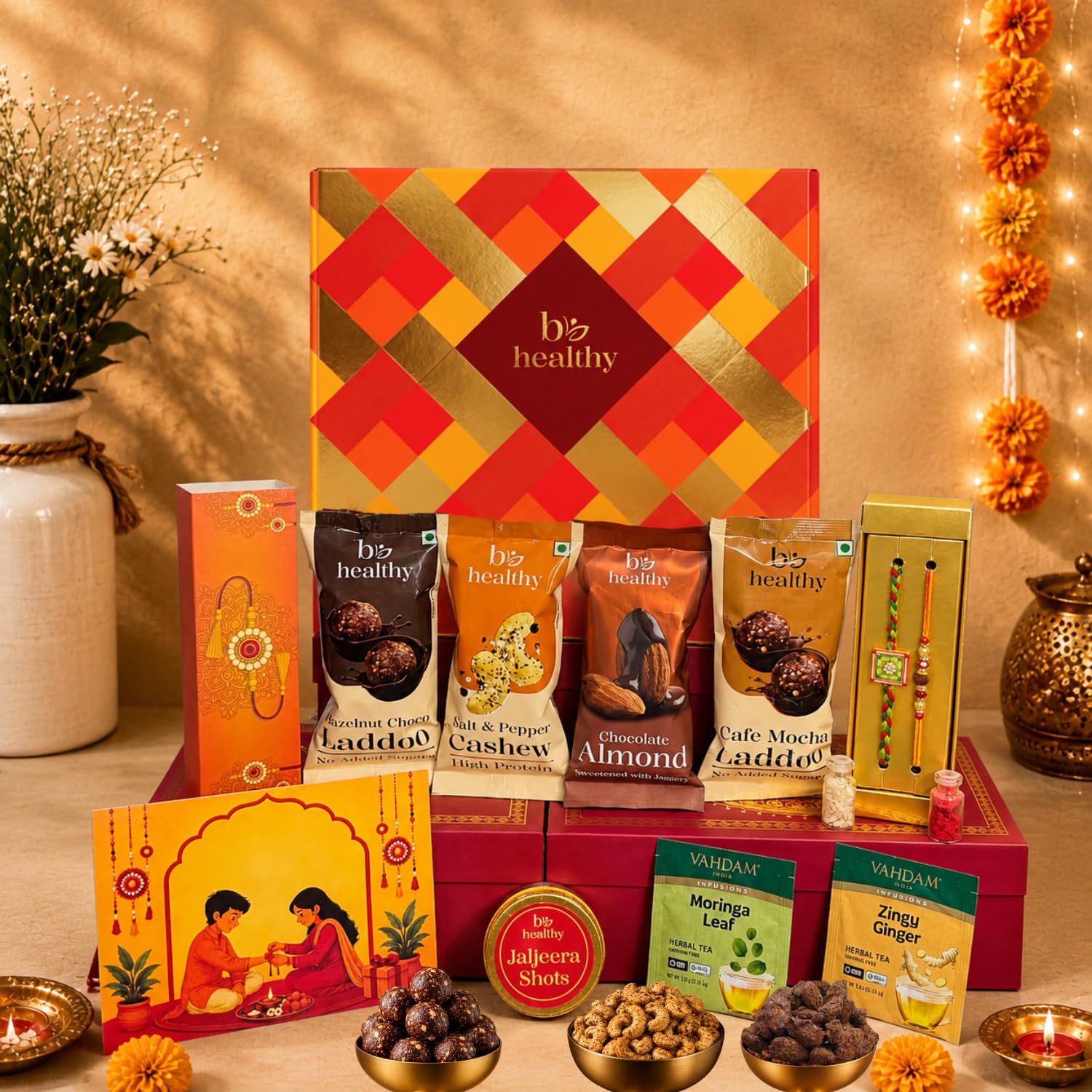 Rakhi Gift Hamper, 10 Items, Raksha Bandhan Gift for Brother, Rakhi, Laddoos, Dry Fruits, Almonds, Cashews, Cranberries & Herbal Tea, Roli Chawal, Greeting Card & Decorative Gift Box, Premium Gift Set-image-26